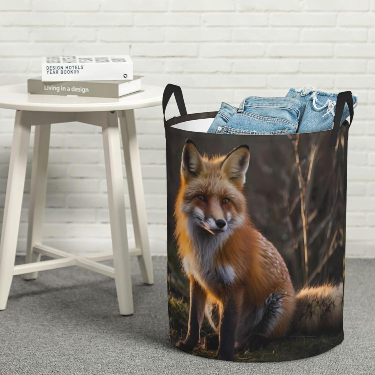 Cute fox Round Single-layer Laundry Basket, Portable Storage Laundry Basket, Bedroom Clothes Storage Basket with Handle