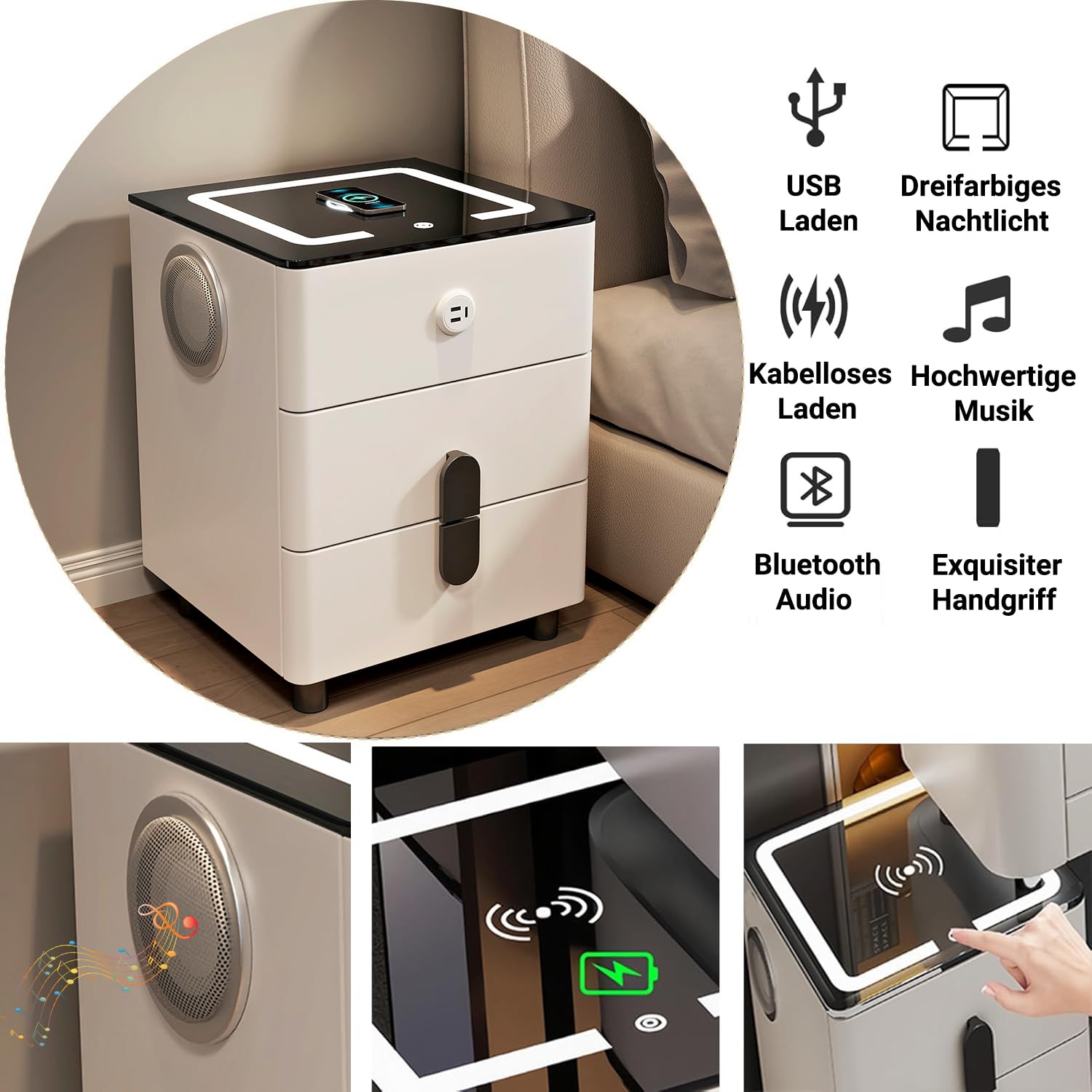 Frisiertisch Set Mit Kabelloser Aufladung, Bluetooth-Audio, Schminktisch Mit Beleuchtung Und Hocker,Schminktisch 100 cm Breit Mit 6 Schubladen,Geschenke für Töchter