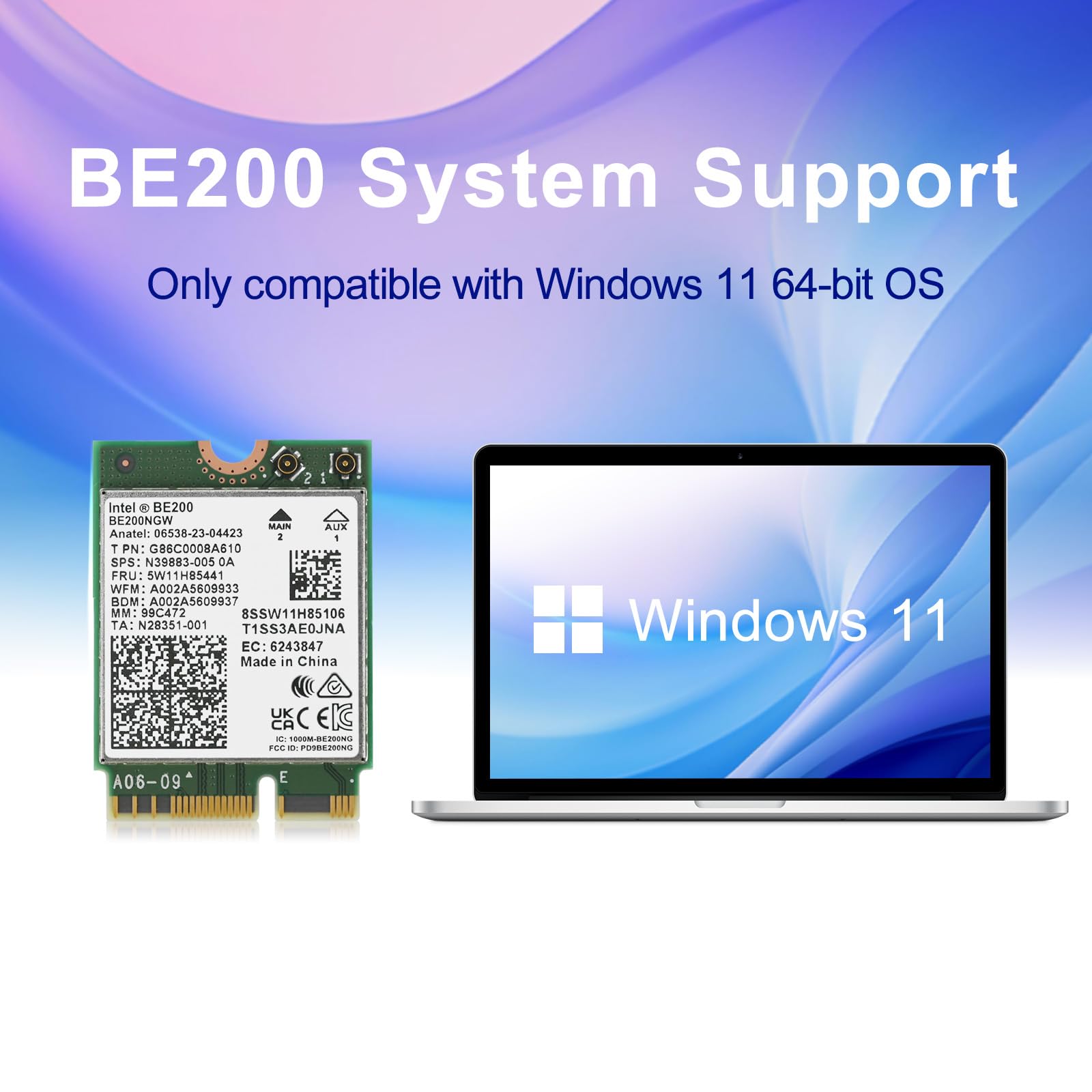 Carte WiFi 7 BE200NGW pour PC Portable, Module M.2/NGFF Key E Intel BE200, Tri-Bande 2,4GHz/5GHz/6GHz Jusqu’à 5,8 Gbps, Bluetooth 5.4, WiFi 7 320MHz, Compatible Windows 11/10 64 Bits, Linux