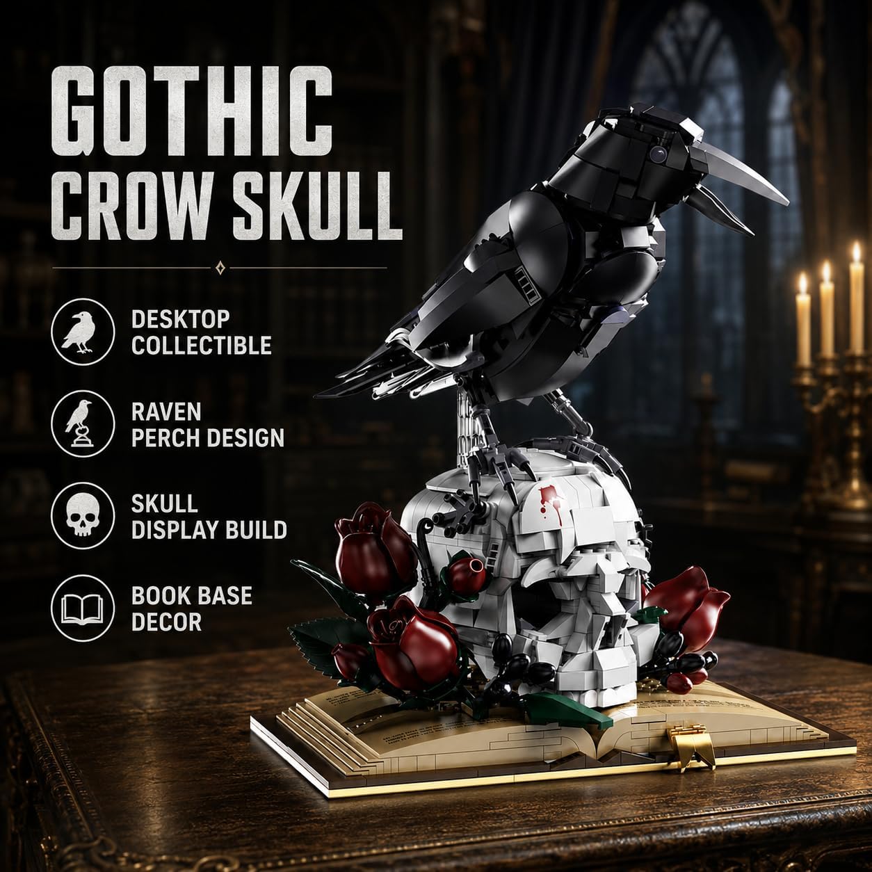 Gothic Raven & Skull Rose Building Block Set 1358 PCS Skeleton Head with Flower on Vintage Book Model Kit for Adults Teens Dark Aesthetic Room Desk Decor Display Art Gift image 3