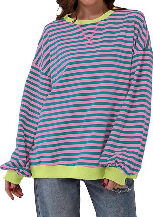Womens Oversized Striped Sweatshirt Color Block Long Sleeve Shirt Crewneck Pullover Striped Sweater Y2k Clothes