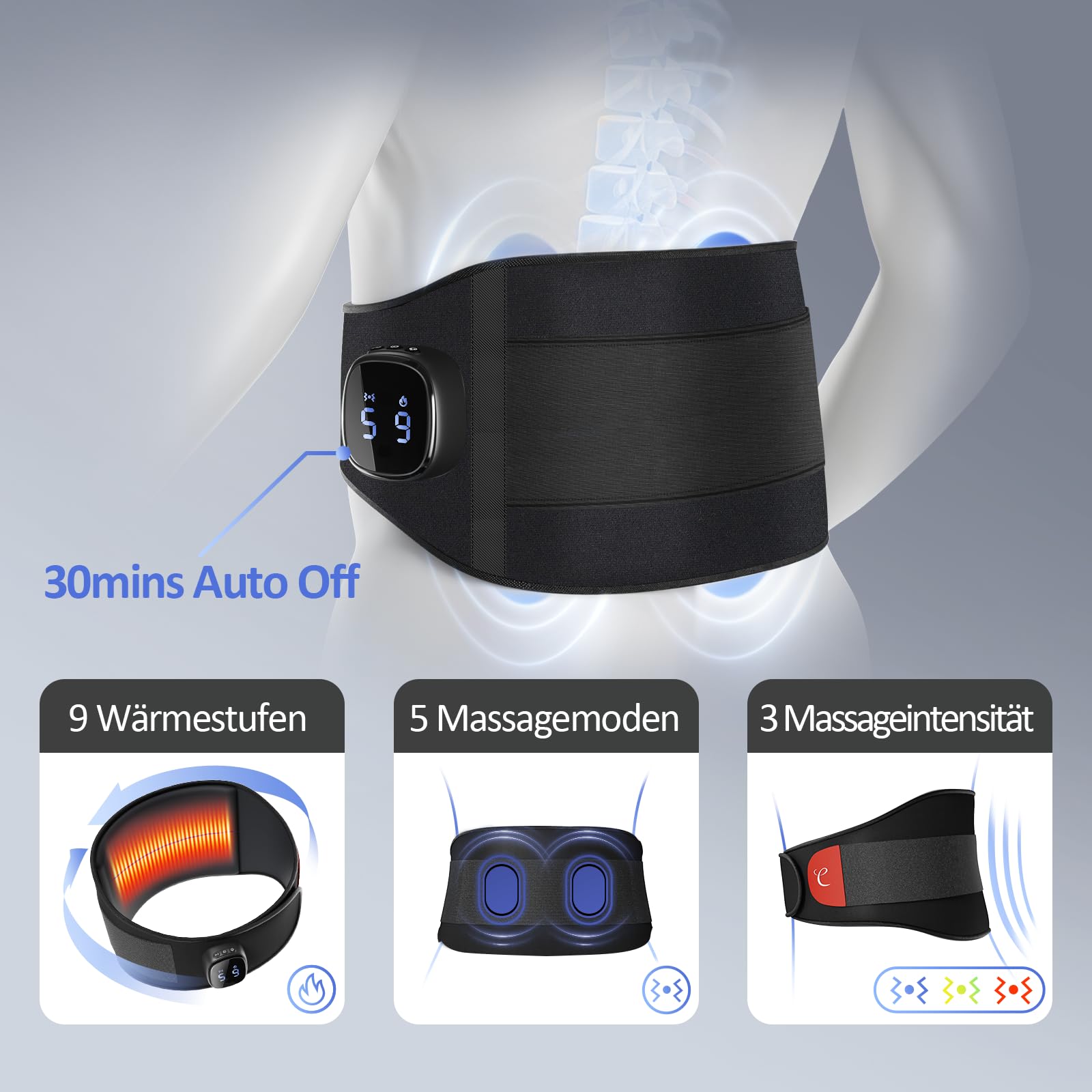 Comfytemp Wärmegürtel Rücken Massagegerät mit 15Wh Akku mit USB,9 Wärmestufen 5 Vibrationmoden Kontrolle per Knopfdruck und App, 20X155cm Kabellos Heizgürtel Abschaltautomatik Rückenwärmer