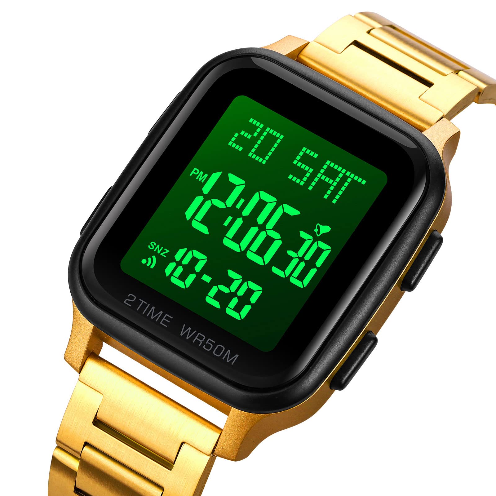 Orologio digitale da uomo in acciaio inox, digitale, 5 ATM, impermeabile, multifunzione, digitale, con sveglia, cronometro, calendario, LED, doppio tempo, cassa quadrata