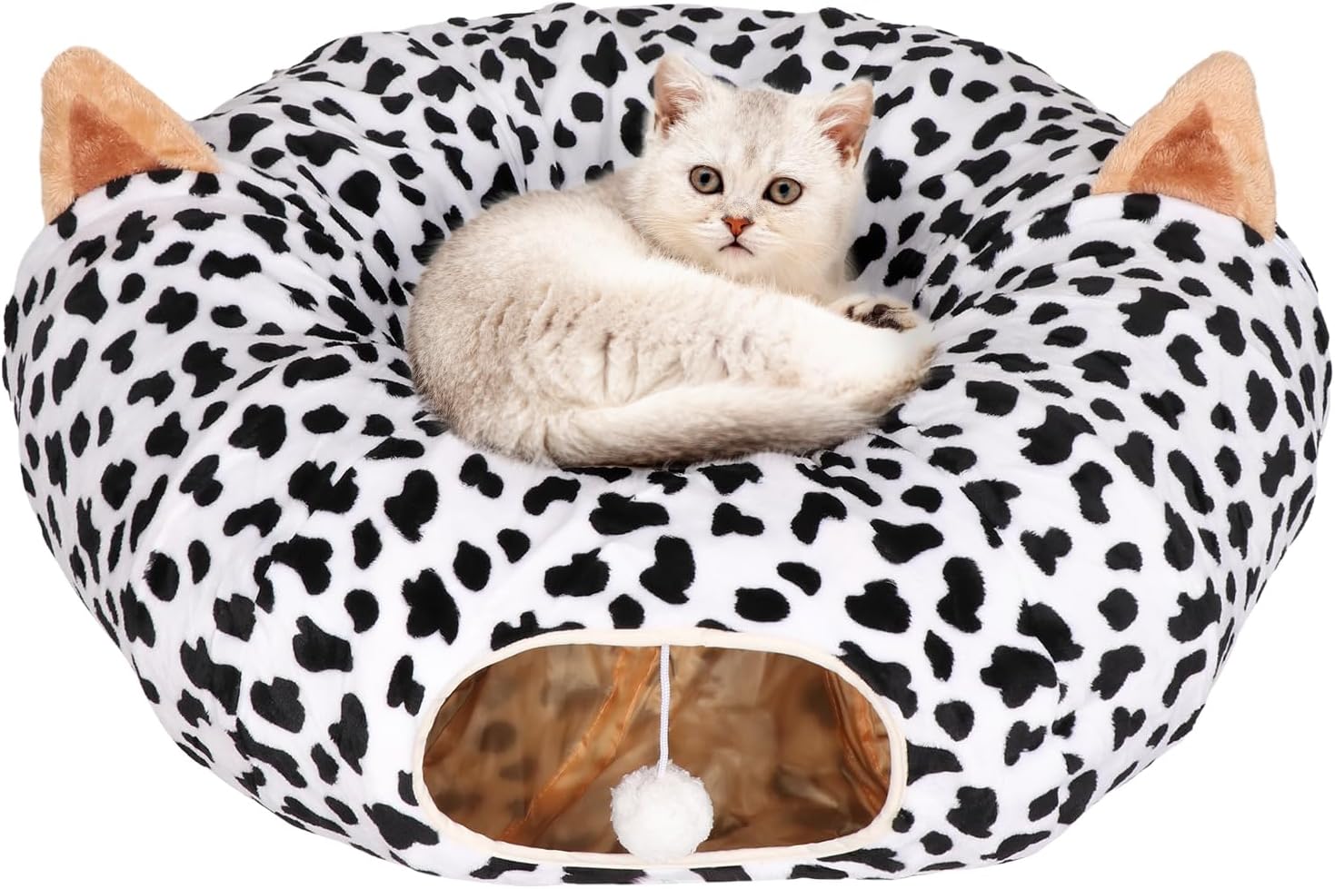 Extra Large Cat Tunnel Bed for Indoor Cats - 10.2 Inch Diameter Donut Circle Tube with Plush Ball Toy, Collapsible Cave Cover for Kittens & Dog