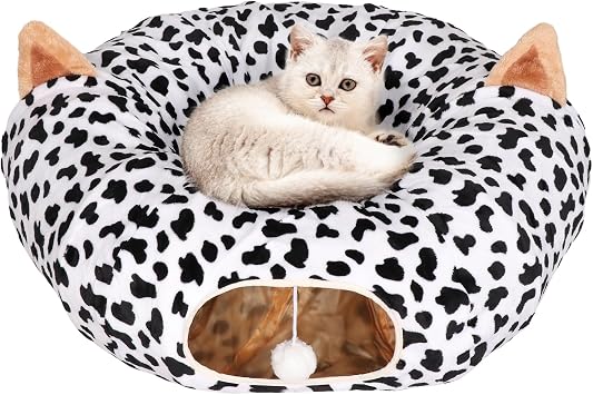 Cat Tunnel Bed for Indoor Cats - Extra Large Round Cat Tube Donut Circle Tunnels with Plush Ball Toy Circular Collapsible Cave Cover for Kittens Kitty and Dog