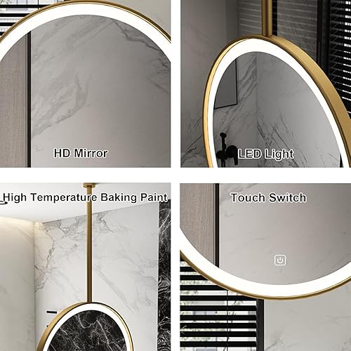 Miniatura 3 de QQXX Espejo de baño redondo LED para montaje en techo, espejo de maquillaje montado en la pared con luces, espejo iluminado con barra colgante,