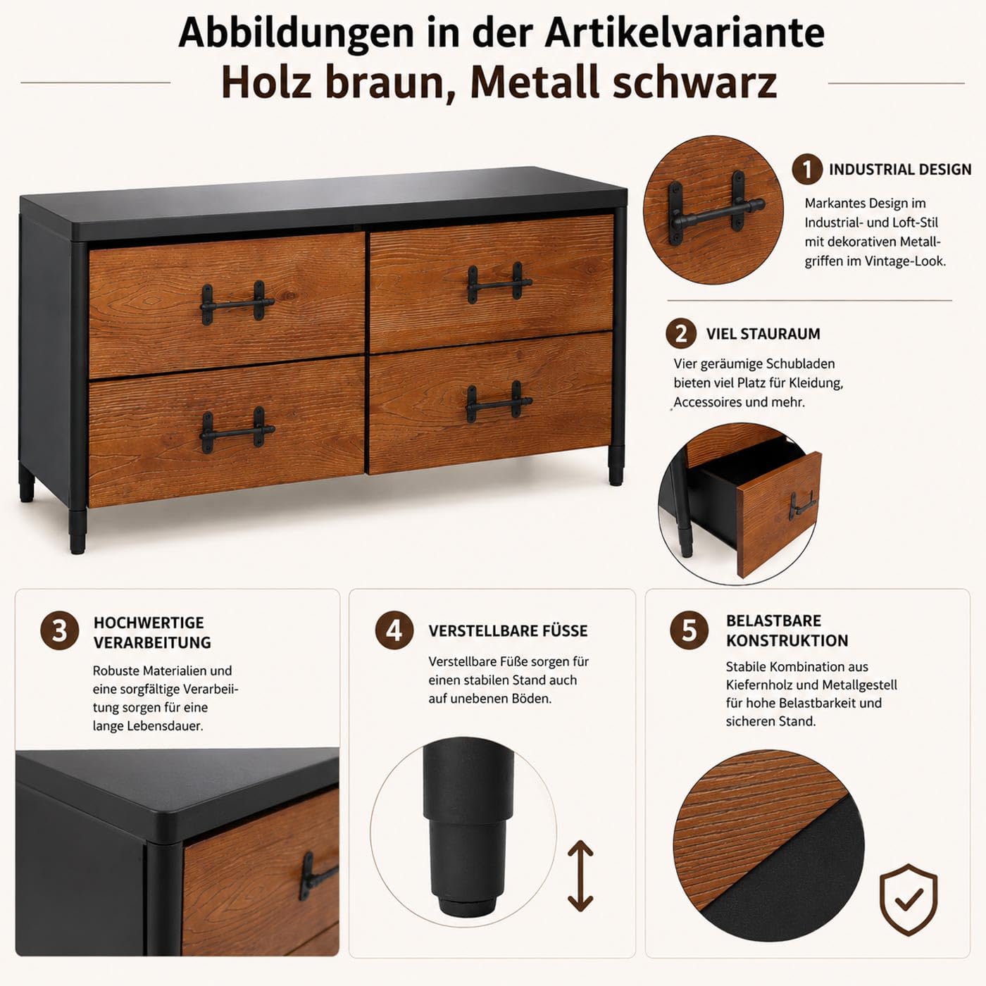 Mendler Kommode HWC-Q66 60x120x40cm - Holz schwarz, Metall kupferfarben