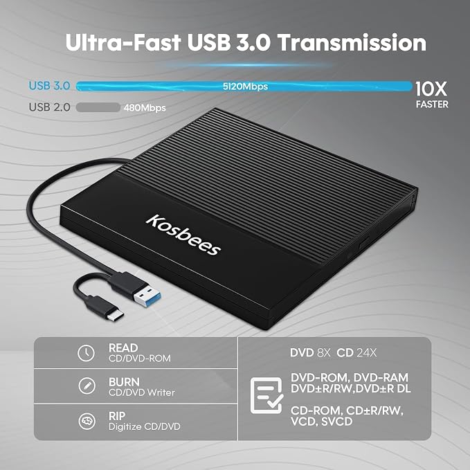 Unidad externa CD/DVD para laptop USB 3.0 tipo C miniatura 5