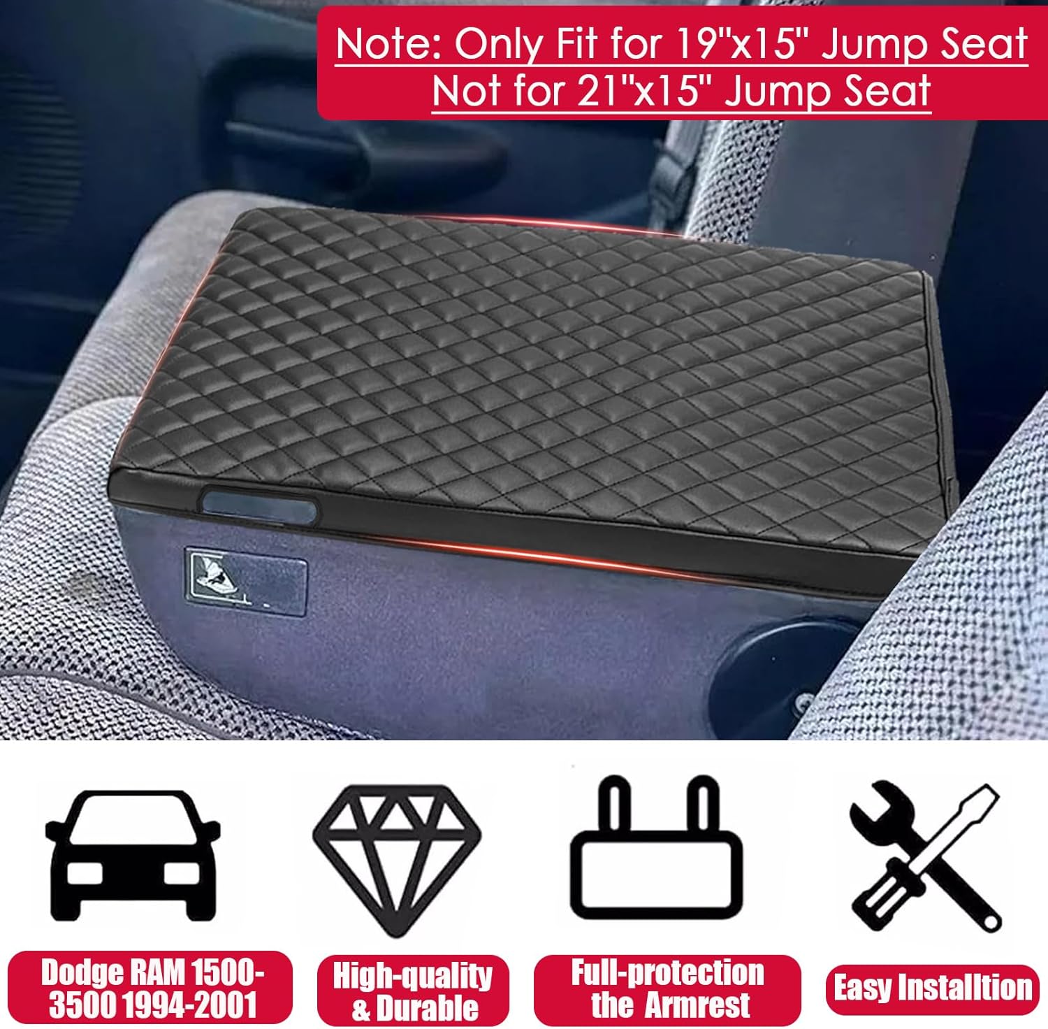 Center Console Cover for Dodge Ram 1500 2500 3500 1994-2001, 19"x15" Jump Seat, Scratch Resistance Armrest Cover Vinyl Leather Trim Interior Accessories (Jump Seat Only)