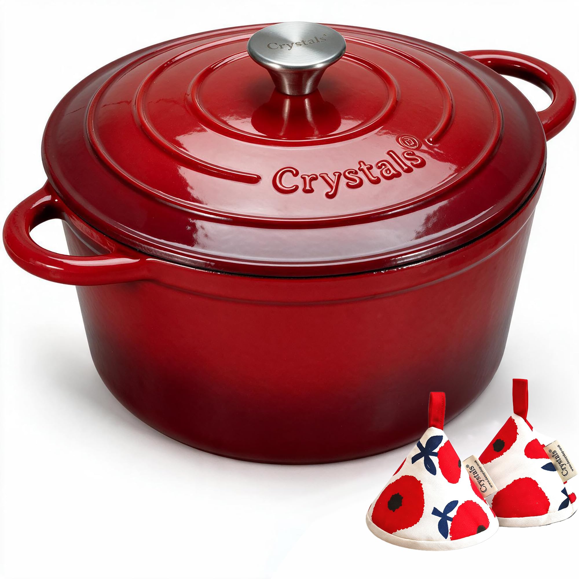 Crystals 28cm 6.6L Enamelled Cast Iron Round Casserole Pot with Lid, Dutch Oven Cookware, Non-Stick Stew & Stock Pot with Cookbook & Cotton Potholders for Braising, Roasting & Bread Baking_Red
