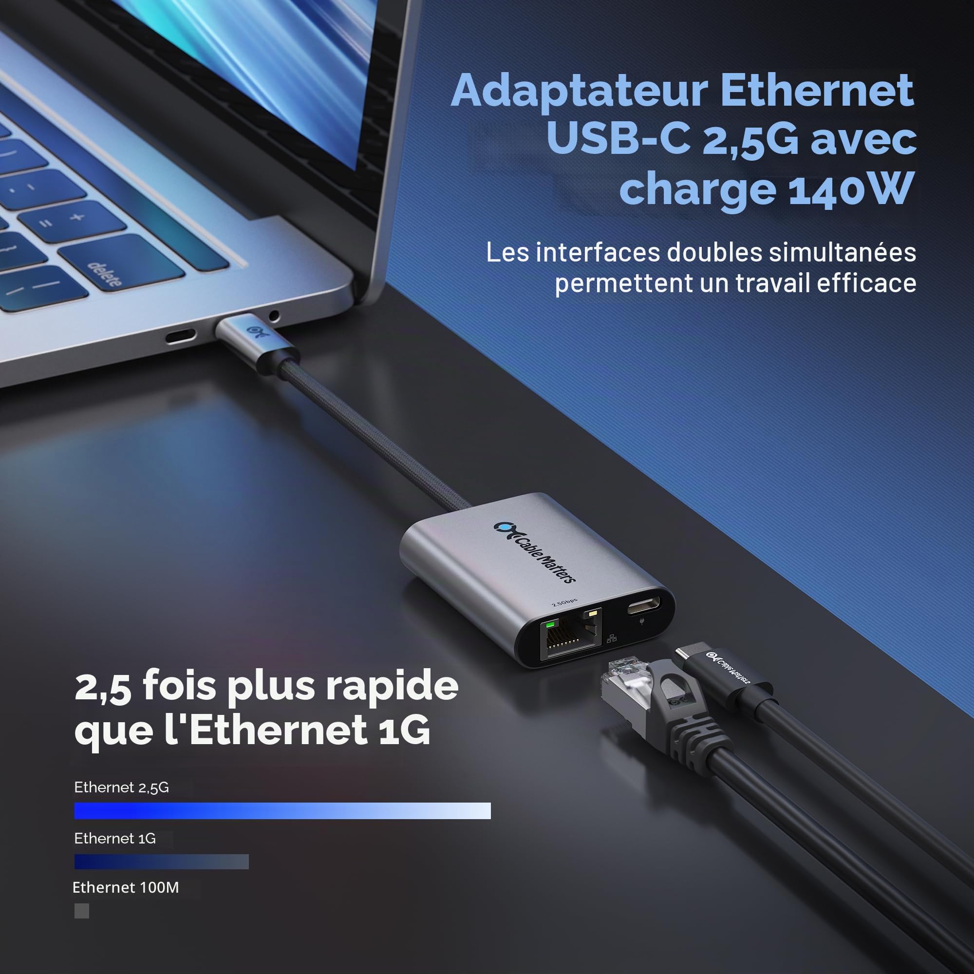 Cable Matters Adaptateur USB-C vers Ethernet 2,5 GB, avec Charge de 140W | USB-PD 3.1, USB4/Thunderbolt 4/5, MacBook, ordinateur portable, iPad et appareils USB-C, Ethernet 2,5 Gigabit vers USB-C