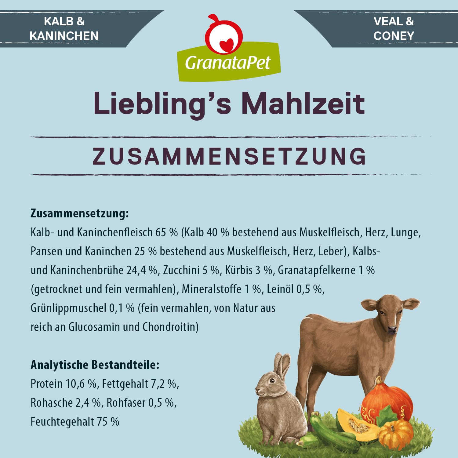 GranataPet Liebling's Repas Veau et Lapin - Nourriture Humide pour Chien - sans céréales et sans Sucre - Aliment Complet - 6 x 800 g