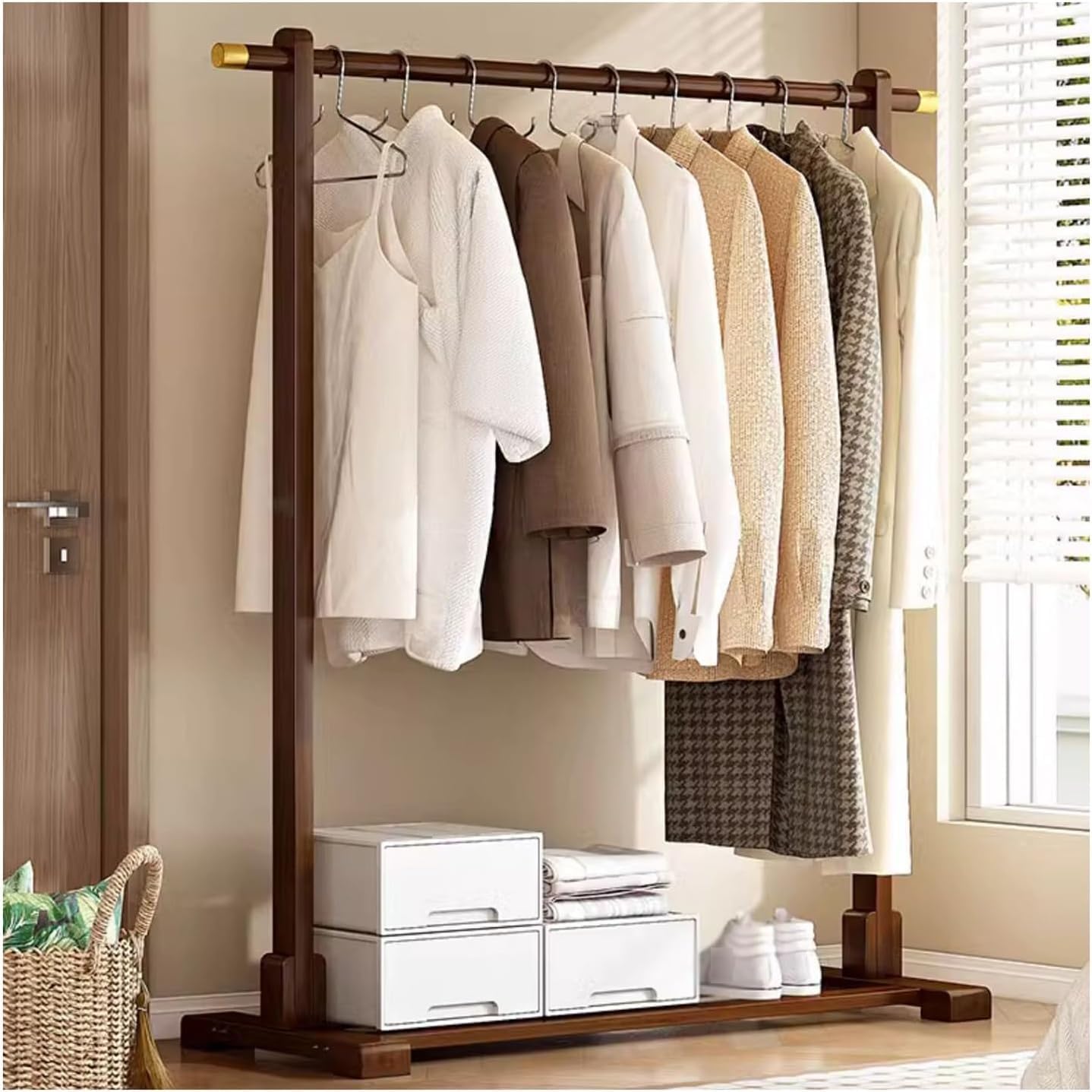 MYUYEE Thickened Solid Wooden Clothing Rack,Freestanding Clothing Rack, Office Hangers,Portable Clothes Rack,Max Load 220 Lbsfor Hanging Clothes,Bags, Hats(Brown-100Cm)