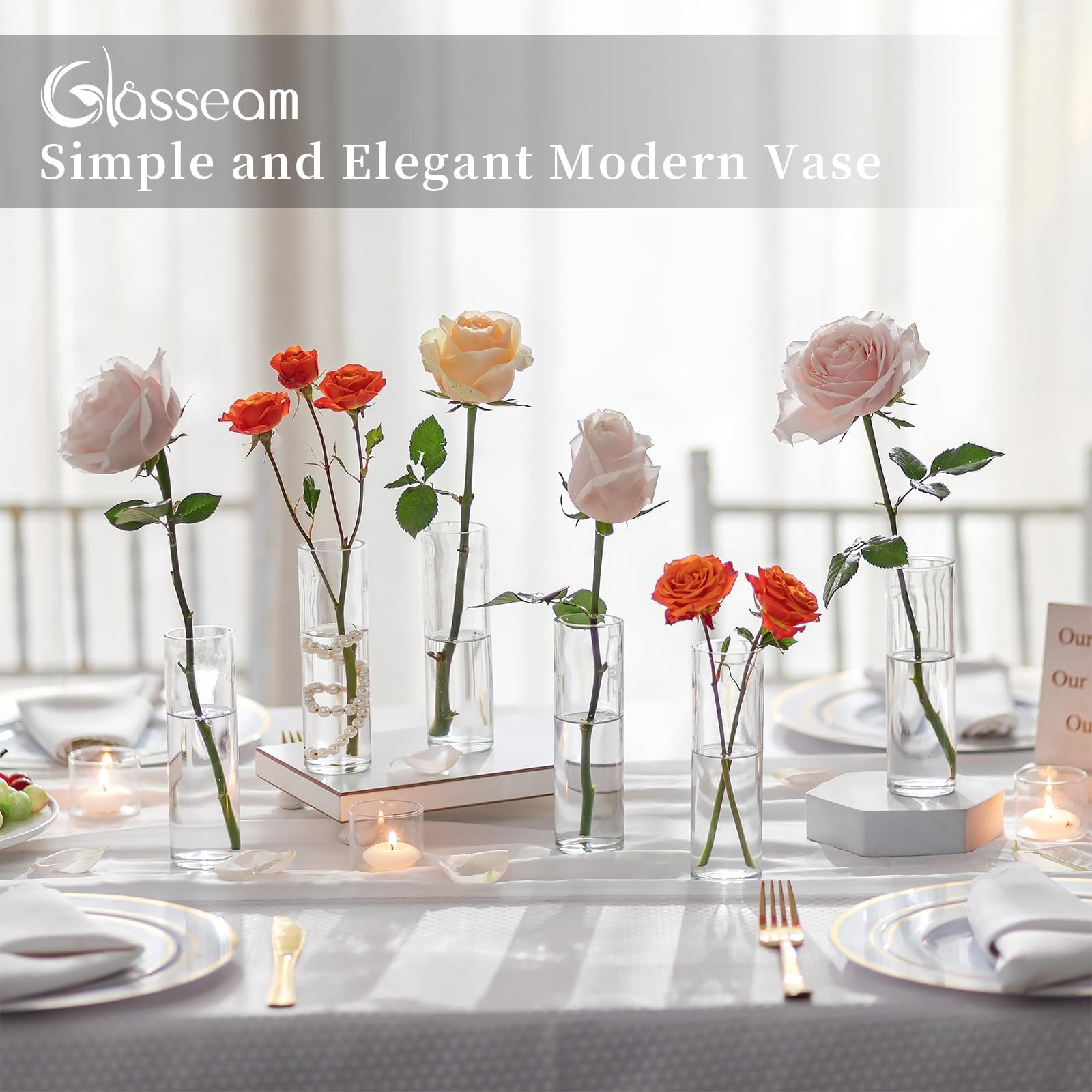 Glasseam Glasvase Zylinder für Tafelaufsätze Deko: 24er Kleine Vase Glas Blumenvasen Set für Hochzeit Tischdeko Home Tisch Dekoration - Klein Blumenvase Modern Glasvasen für Blumen Pflanzen Tulpen