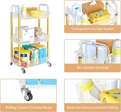 Miniatura 8 de Carrito rodante de 3 niveles, carrito de maquillaje con ruedas, carrito de aperitivos, PET y carrito rodante de metal para sala de estar, cocina,