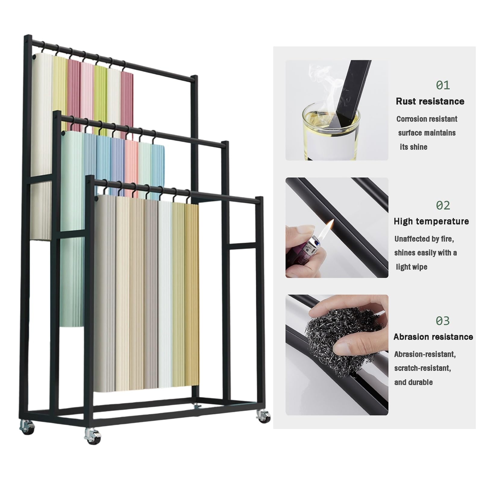 Expositor de muestras de tela comercial con ruedas, estante textil de metal para mantas, colchas, bufandas, toallas