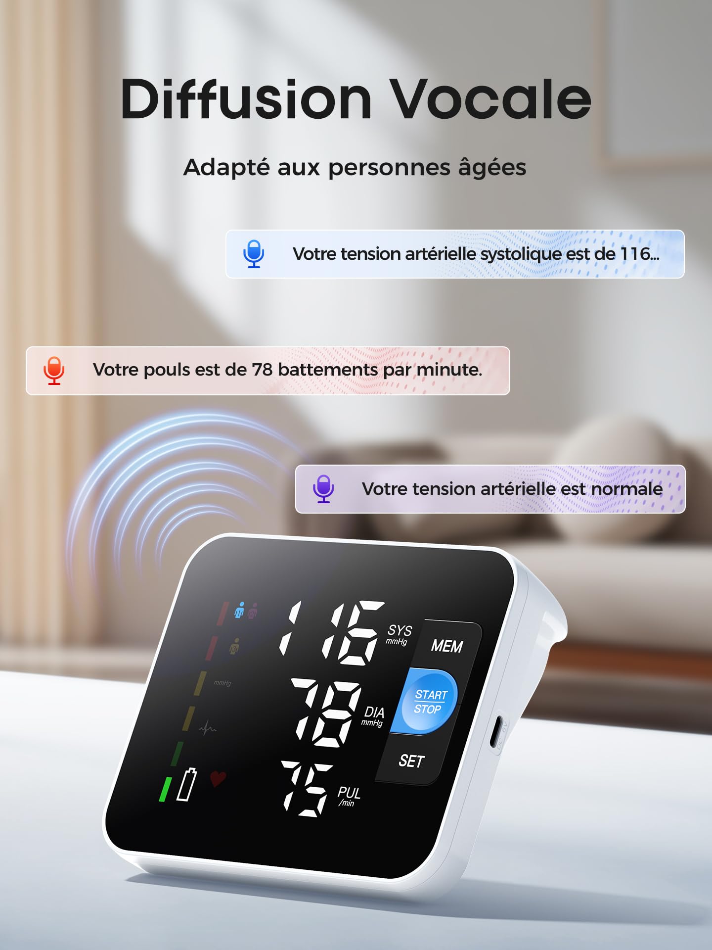 Tensiometre Bras, Affichage Numérique LED le Tensiomètre Bras Professionnel, 3 x 199 Utilisateurs, Appareil Tension Artérielle Bras avec Annonce Vocale en Anglais, Circonférences de Bras de 22 à 42 cm