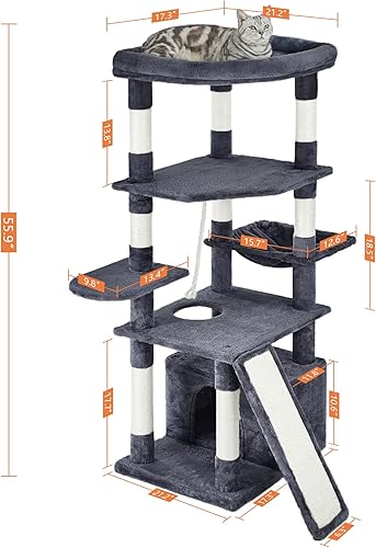 Miniatura 2 de Pesofer Torre para gatos de 55.9 pulgadas de varios niveles con postes rascadores cubiertos de sisal, casa de juegos para gatitos y percha superior
