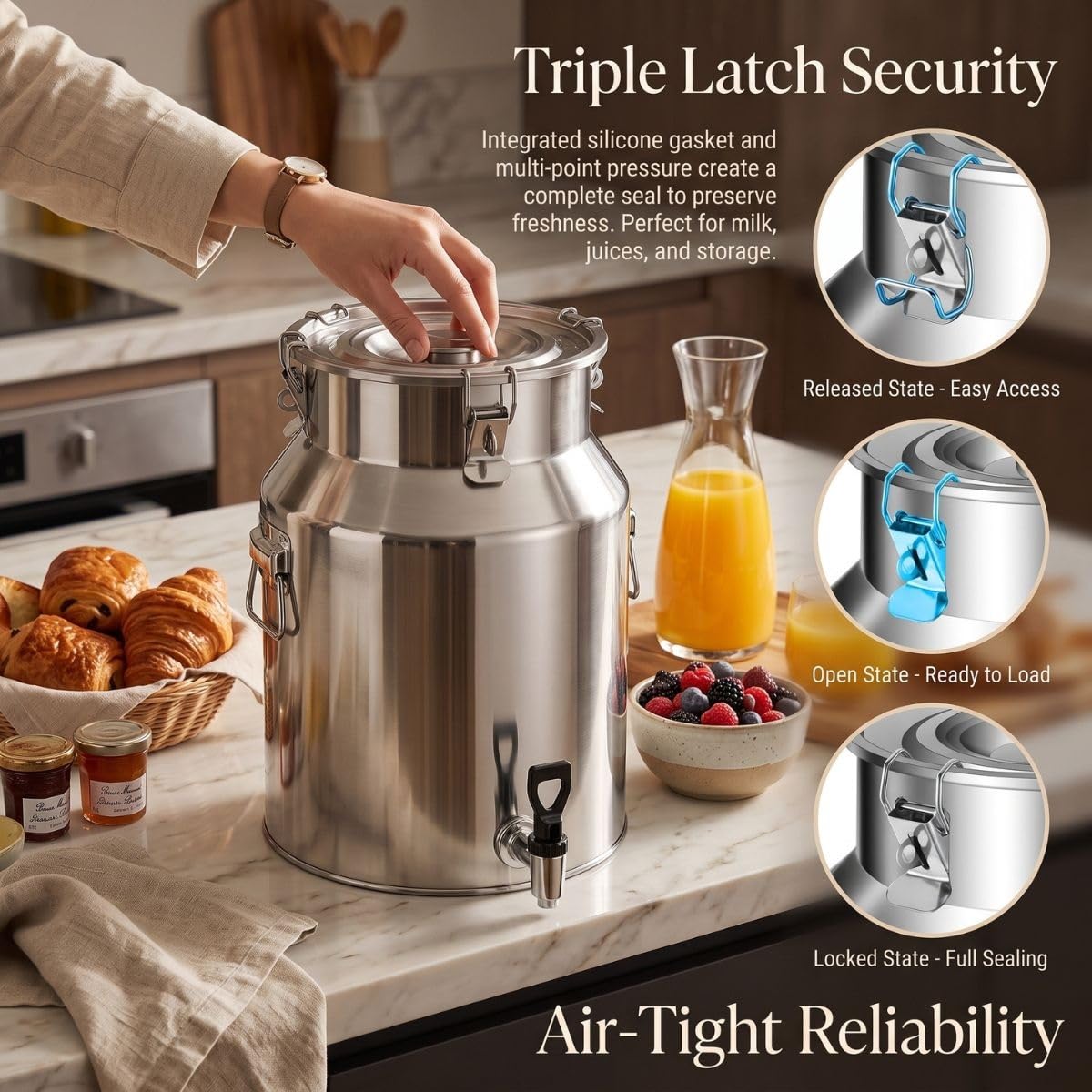 Contenitore per Latte in Acciaio Inox, Bidone Alimentare con Rubinetto | Tanica Ermetica Antiperdita per Olio Vino Acqua, Lattina con Coperchio per Cucina Fattoria Bar(No Spigot,64L/16.91Gal)