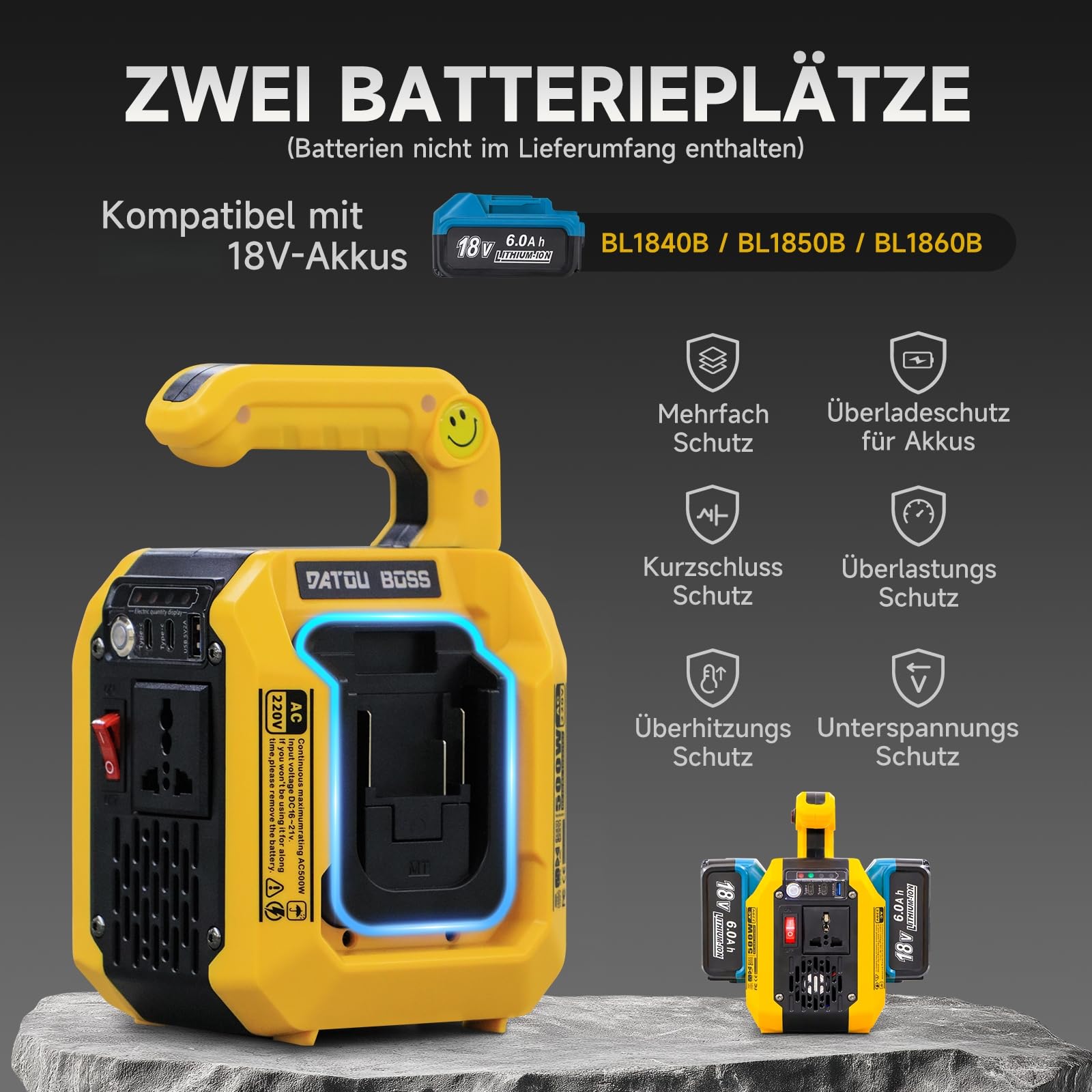 DATOUBOSS 500W Wechselrichter für 18V Akku, DC 18V auf AC 230V, Reiner Sinuswlle Spannungswandler, 4 Ports Stromwandler mit 1 USB-A & 2 USB-C Anschluss, 500LM LED Licht für Camping Notfall