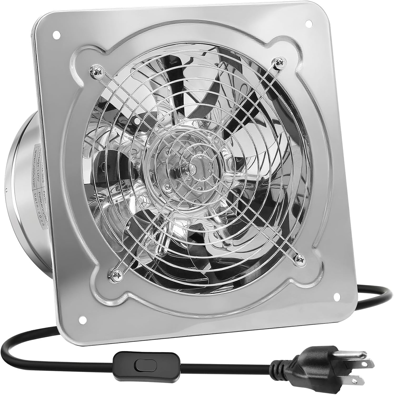 8 Inch Metal Exhaust Fan for Kitchen, 500 CFM, Stainless Steel Attic Exhaust Fan with Switch and Damper, Wall Mount, Plug-in Fume Extractor for Workshop, Garage & Basement, Silver