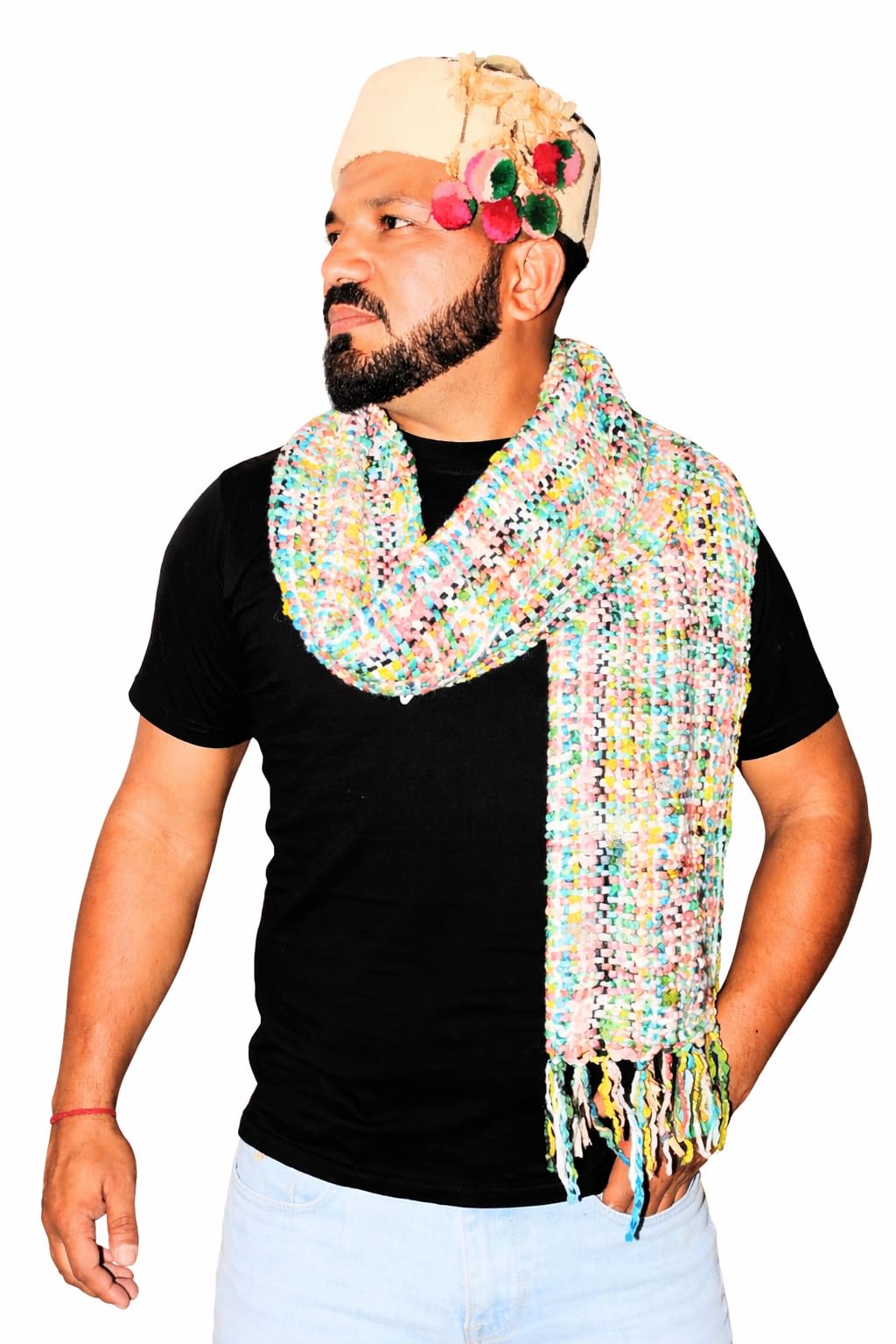 Multicolor Striped Woolen Muffler Scarf with Fringe, Free Size, 1.5m Length, for Men and Women-image-8