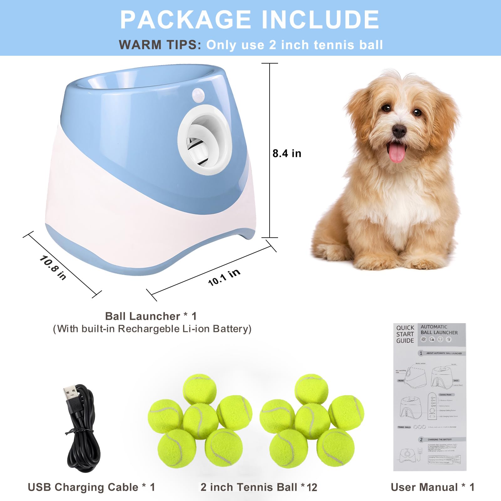 Lanzador de pelotas para perros con 12 pelotas de tenis, lanzador automático de pelotas de perro para interiores y exteriores, 3 distancias ajustables de 10 a 30 pies, máquina interactiva de