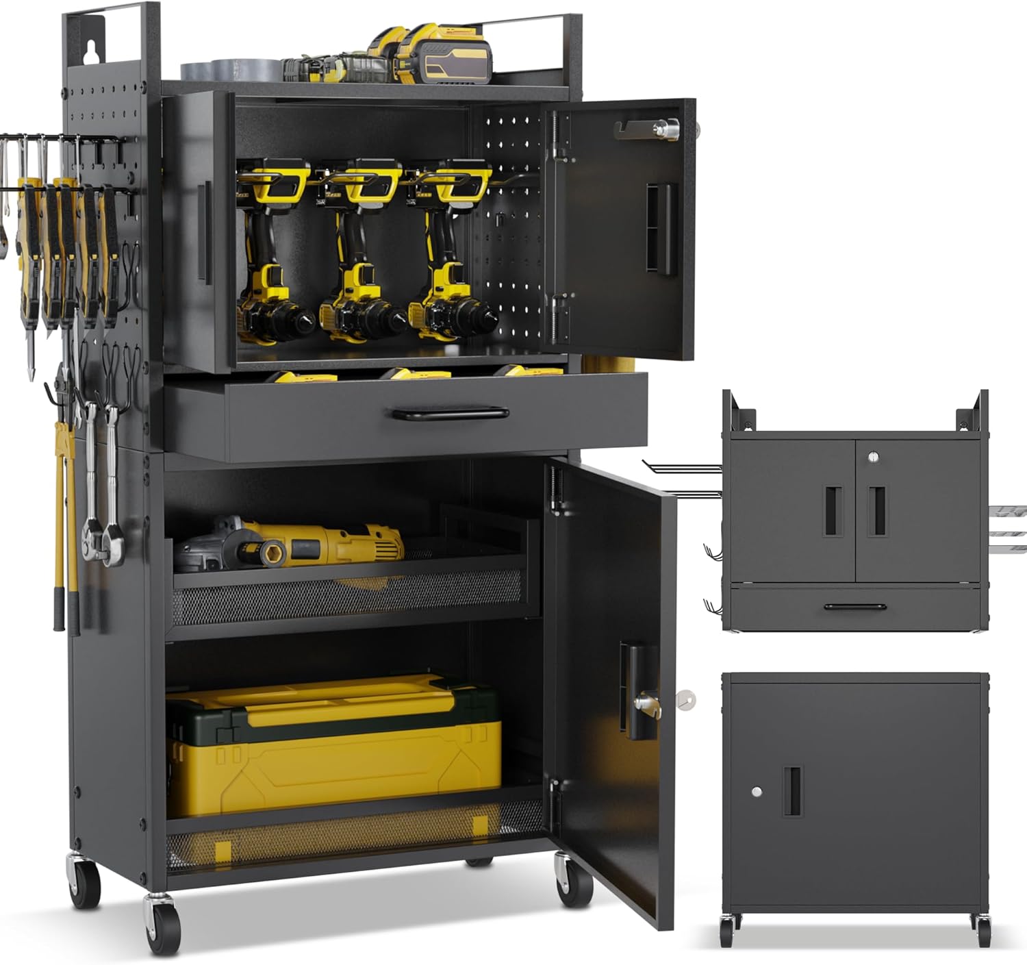 Heavy Duty 4-Tier Power Tool Organizer Wall Mount - Modular Drill Holder Wall Mount with Wheels, Lockable Doors - Versatile Shelf Rack Hanging Station, Tool Organizers and Storage for Garage