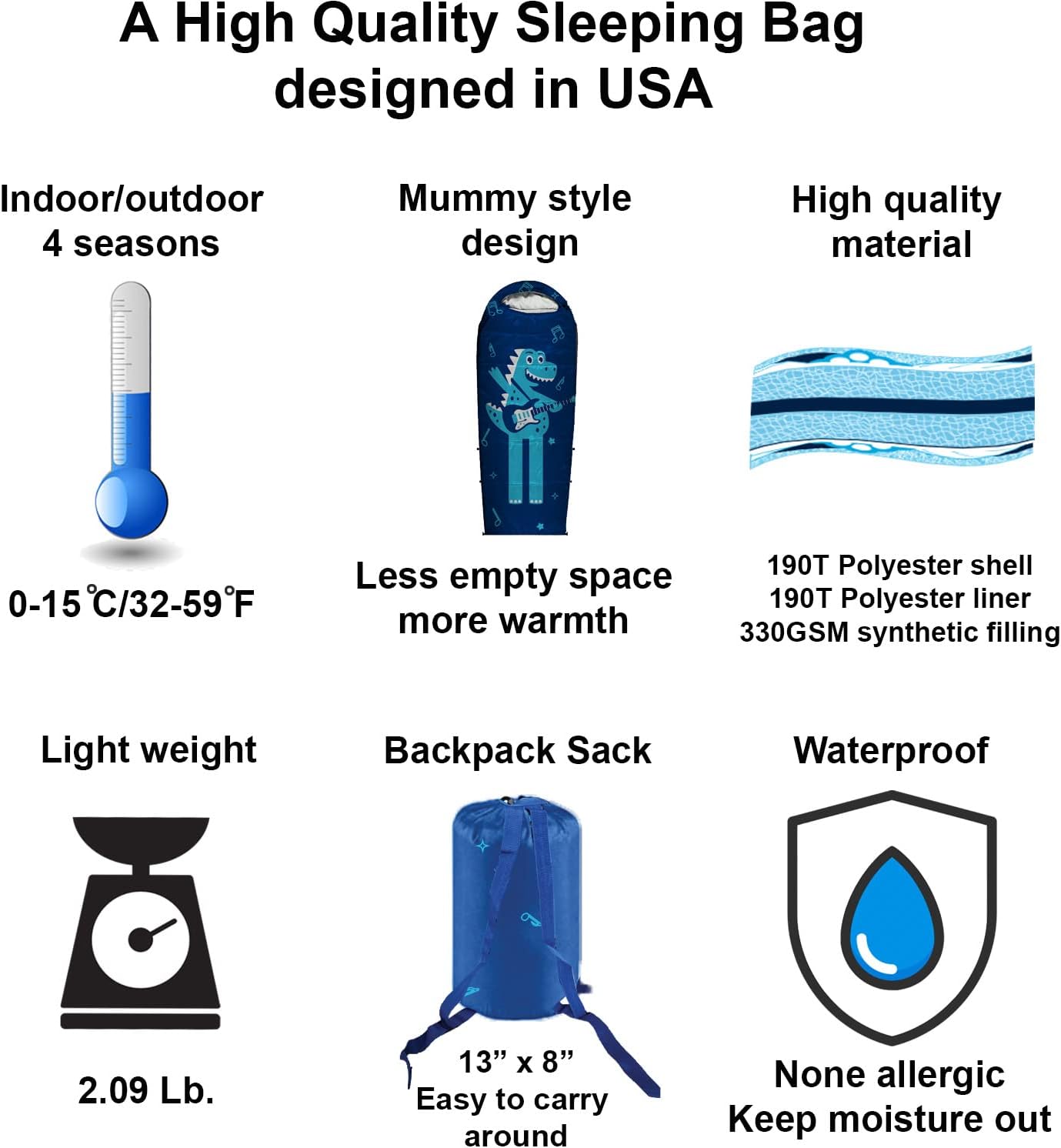 Adjustable Length Mummy Style Kids Sleeping Bag with Pillow Sleeve, 4 Season 32 – 59F, Lightweight and Backpacking Style, Ideal for Camping, Sleepover, Boys, Girls, Youth and Toddlers - Image 4