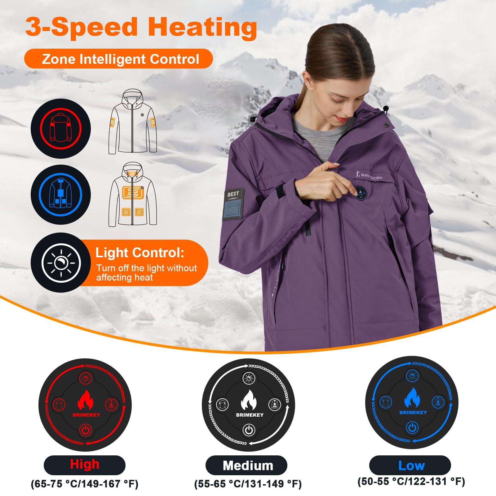 Giacca Riscaldata Donna con Cappuccio, Giubbotto Pile da Sci Riscaldato Invernale Impermeabile & Antivento con 12000mAh Batteria, 3 Livelli di Riscaldamento, 6 Zone di Riscaldamento Caldo Cappotti