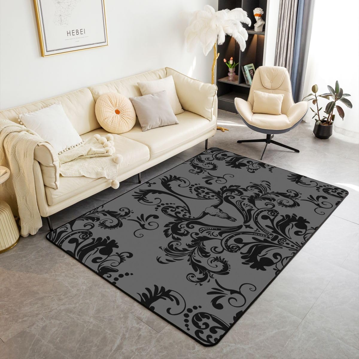Homewish Szary adamaszek dywanik 100 x 150 cm - byk krowa czaszka gotycki dywan do salonu vintage boho kwiatowy nie gubi włosia dywan antyczny wiktoriański duży dywan wystrój pokoju estetyczny