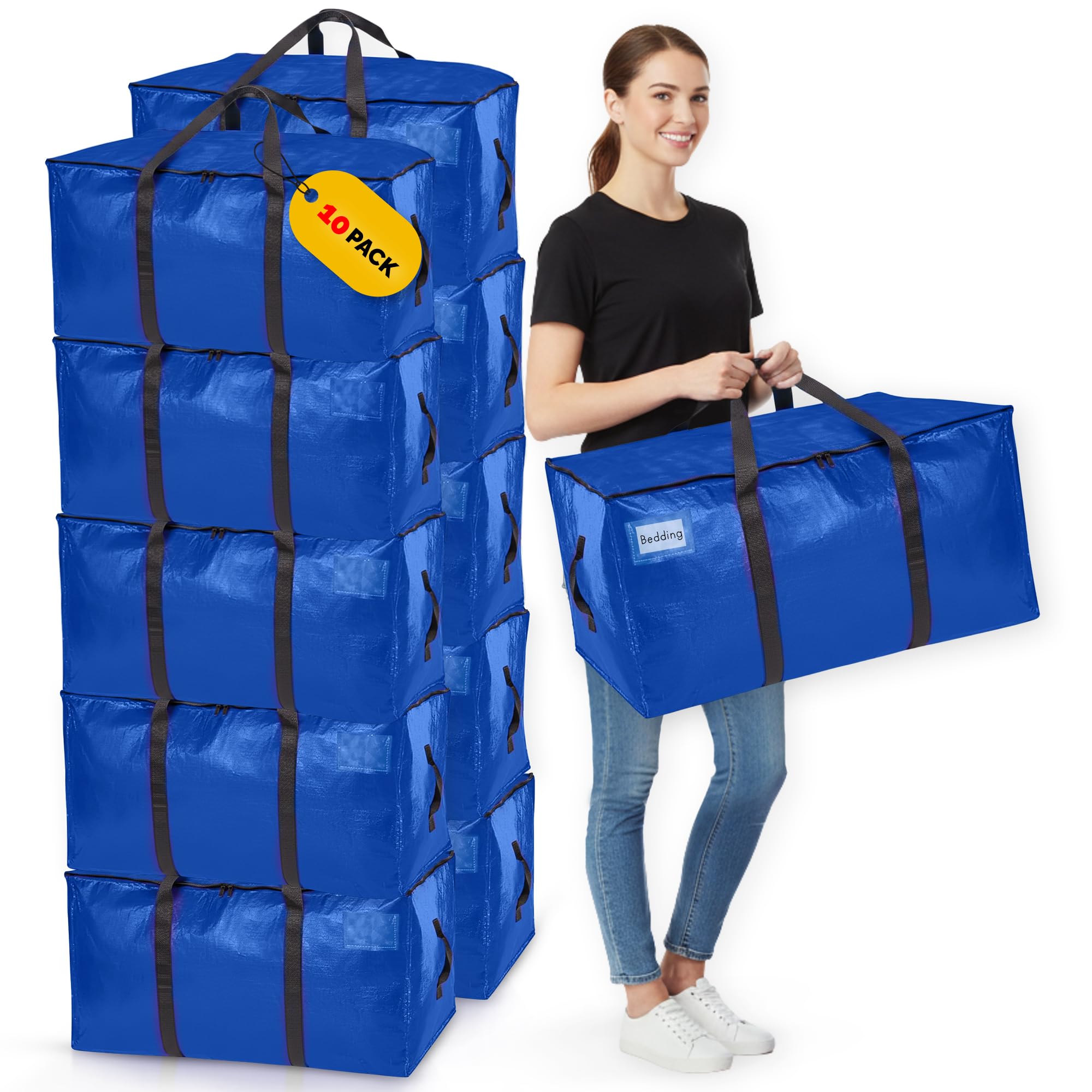 Homxters Blue Heavy Duty Moving Bags Extra Large Strong Storage Bags With Zips Pack Of 10, Reinforced Handles & Straps - 90L Foldable Waterproof Packing & Moving Totes For Clothes, Bedding, Blankets