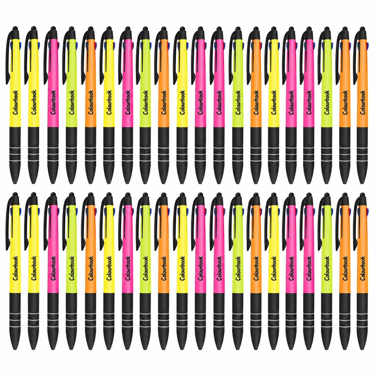 Colourbook Set 40 Penne Multiscatto 3 Colori Con Touch Screen, Penne A Sfera Punta 1 Mm Nero Blu Rosso, Fusto Fluo Assortito, Grip Antiscivolo, Penne Ufficio Scuola
