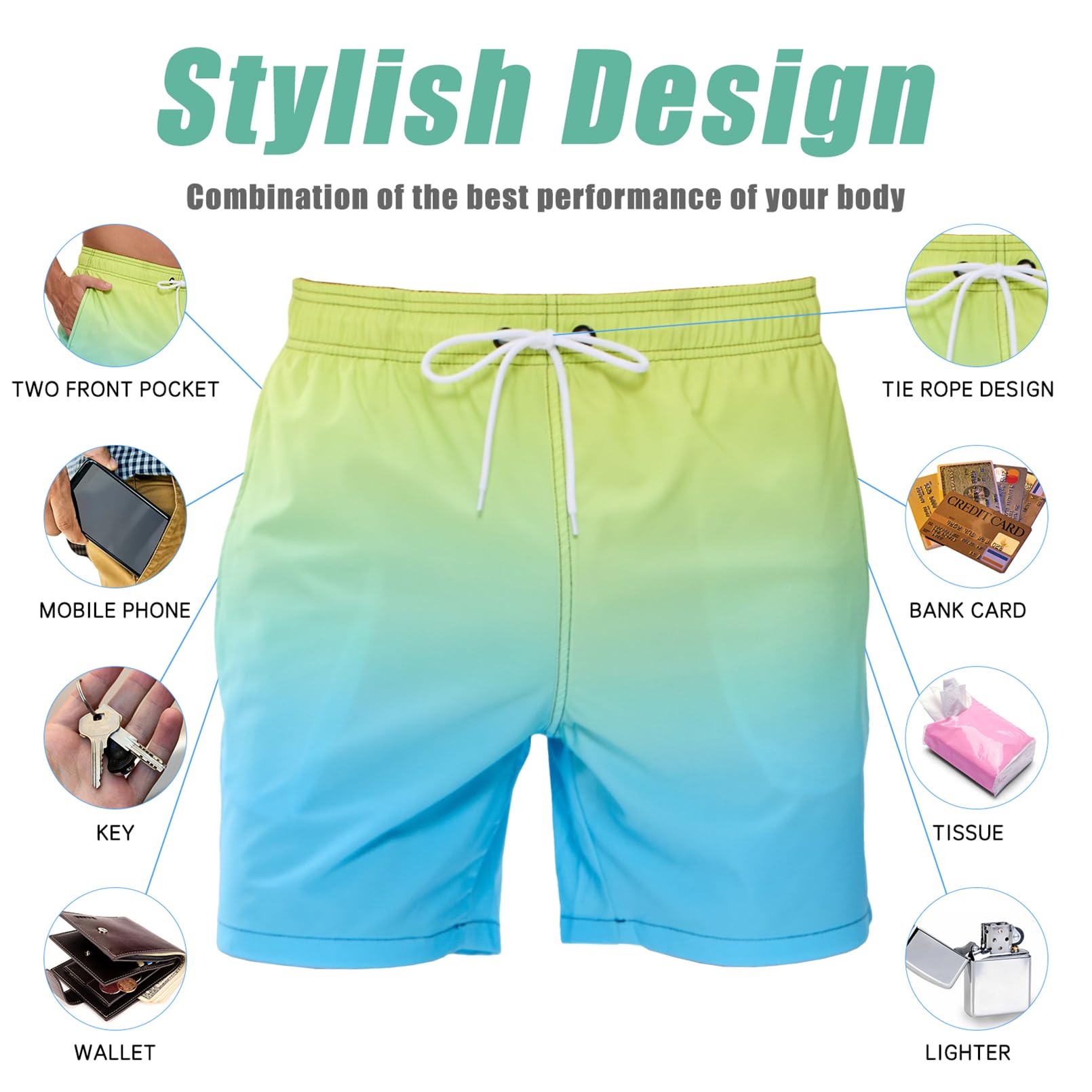 Vorvowry Costume Uomo Mare Calzoncini Asciugatura Rapida Costumi da Bagno Impermeabile Boxer con Tasca Estivi Pantaloncini Uomo Colore Sfumatore per Nuoto Corsa Fitness
