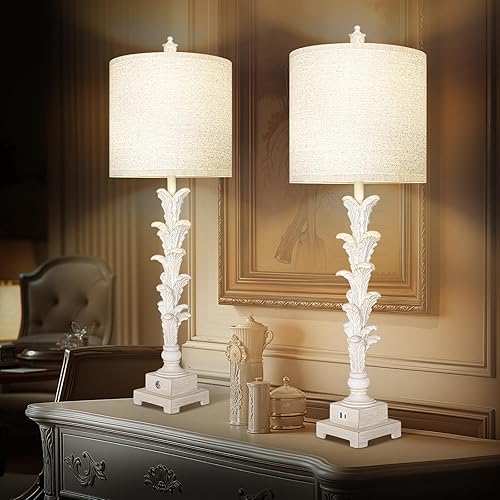 Miniatura 6 de Juego de 2 lámparas de mesa vintage, lámparas de buffet táctiles regulables de 3 vías con 2 puertos USB, lámparas de mesita de noche de 33 pulgadas