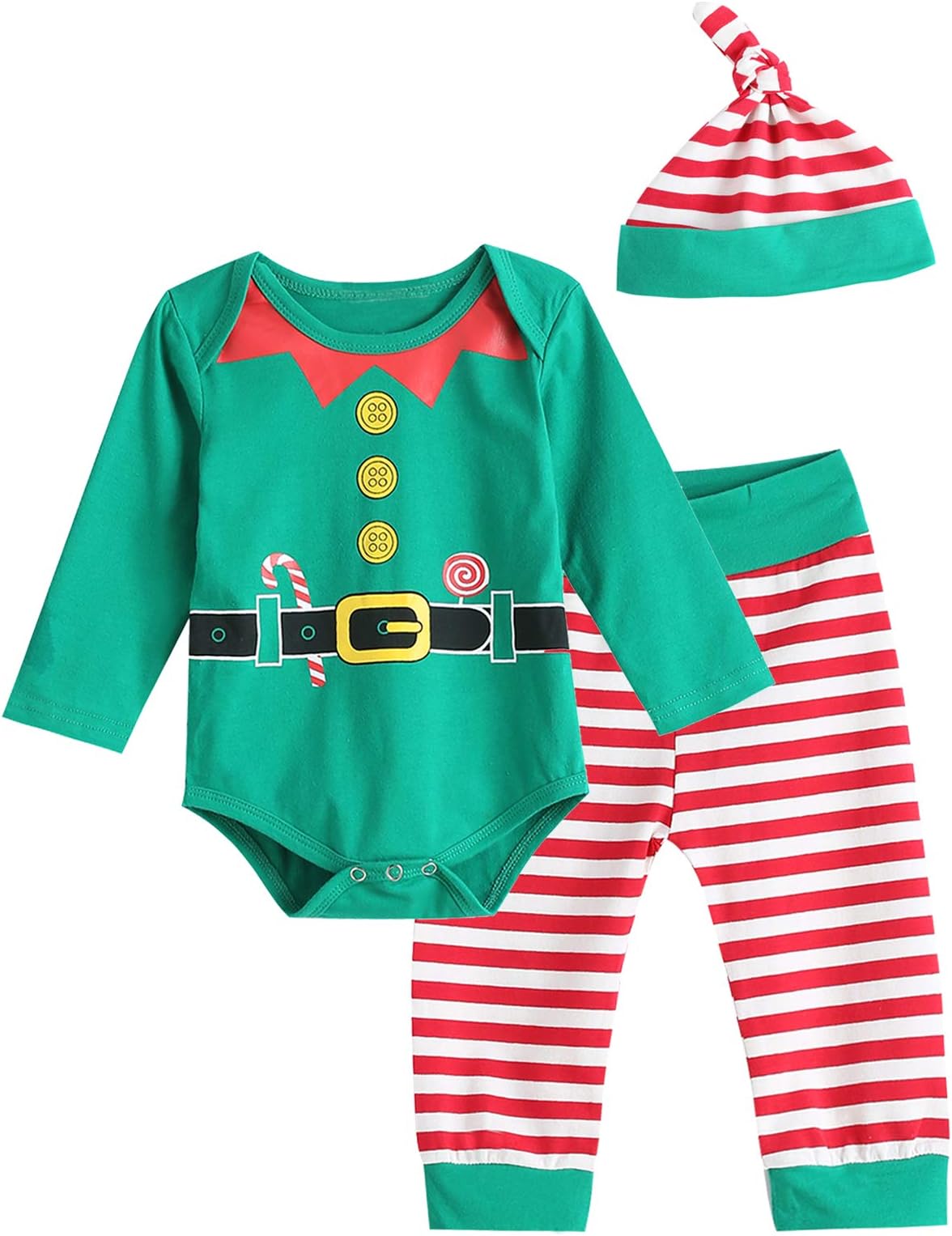 AslaylmeChristmas Outfit Set Baby Boy Girl Striped Bodysuit with Hat