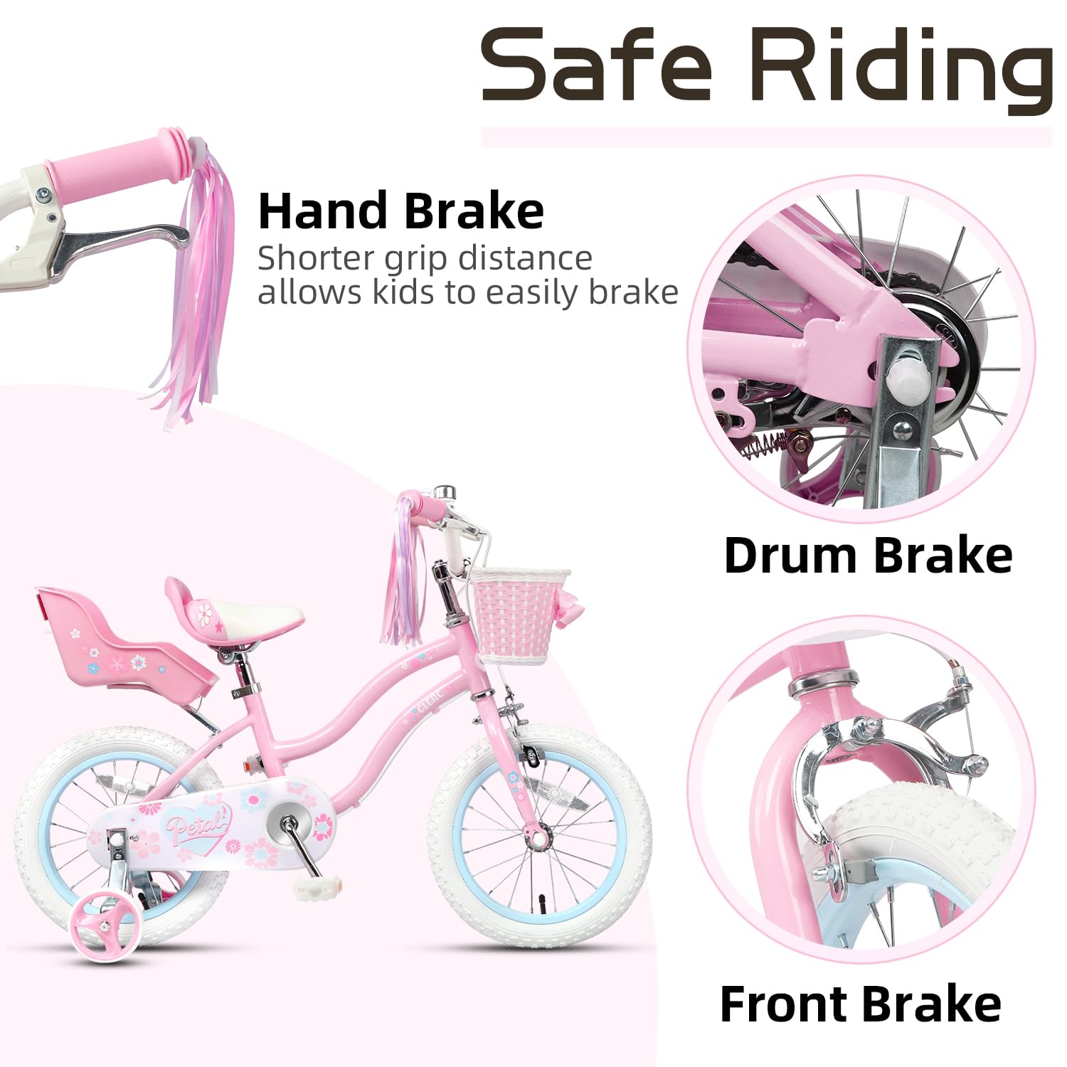 Bicicletta per Bambini 12 Pollici, Stile Principessa con Cestino e Rotelle di Supporto, Rosa