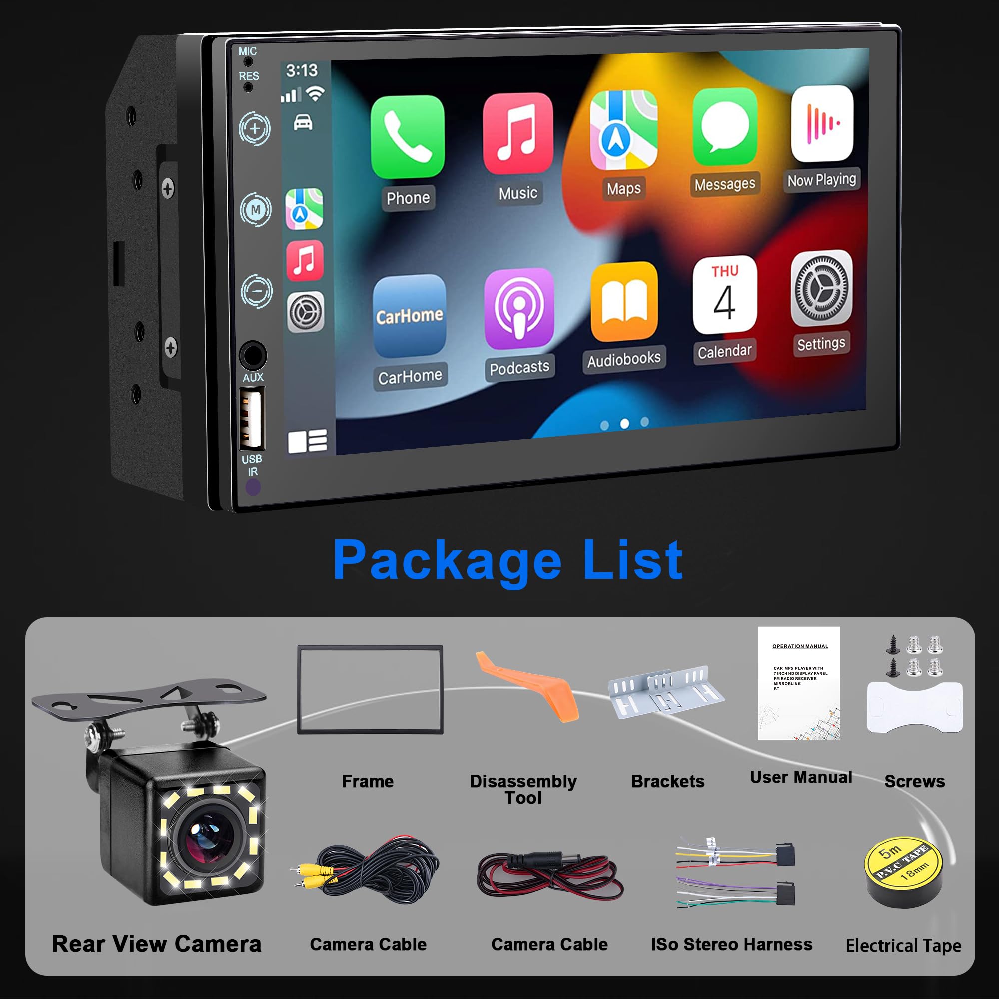 7" Double DIN Car Stereo Compatible with Ccarplay and Android Auto, Mirror Link,USB/AUX,Car Radio Am,Backup Camera