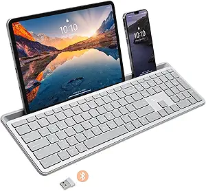 X9 Full-Size Bluetooth Keyboard with Phone Holder – Backlit Wireless Keyboard, Switch Multi-Device, Slim, Quiet, Rechargeable, w/Copilot AI for PC, Mac, iOS & Android (Silver)