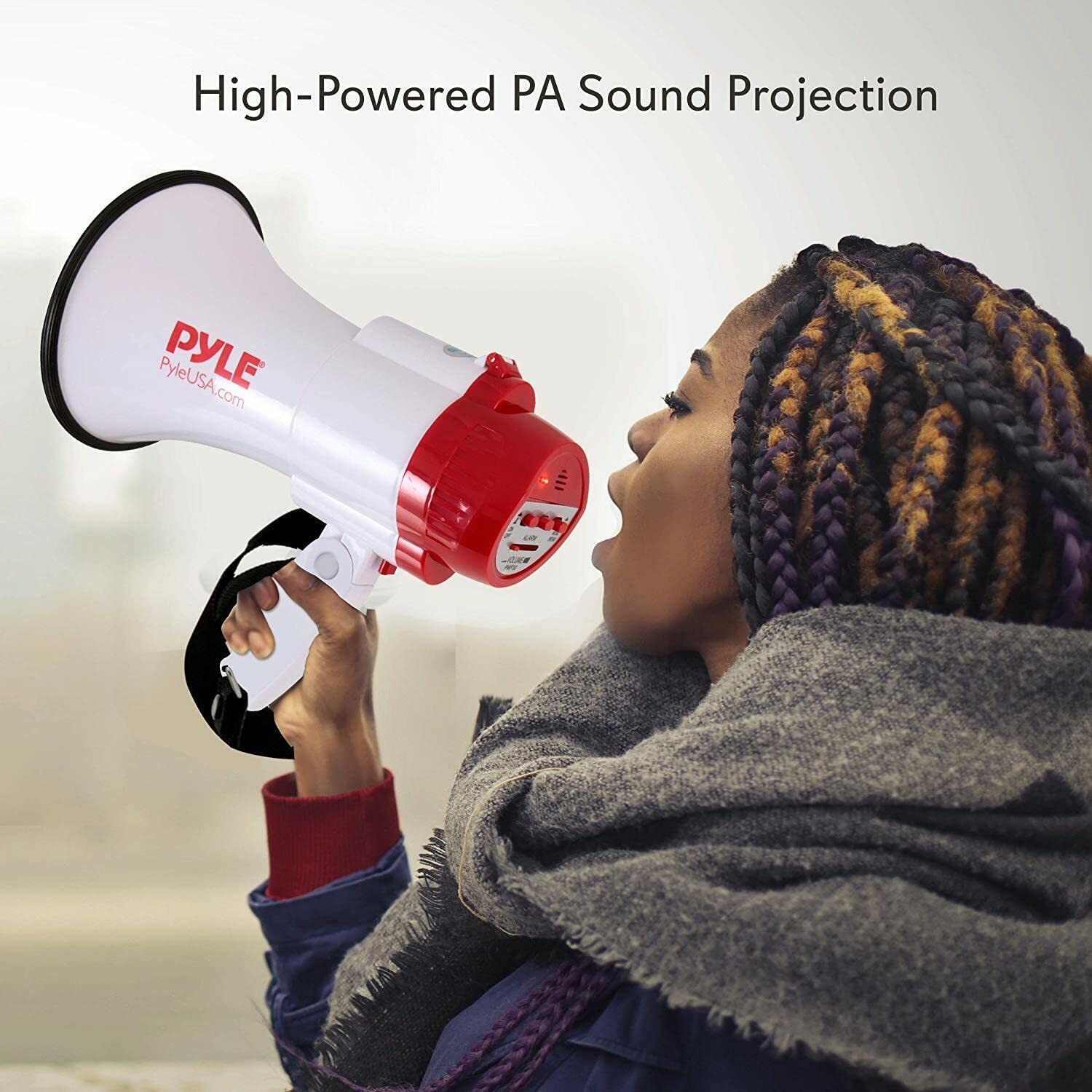 1 megáfono PMP30 Blanco y Rojo 30 Watts MAX hasta 750 Metros con Sirena incorporada para Uso Interior y Exterior, 1 Pieza