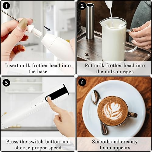 Miniatura 6 de Espumador de leche de doble batidor, mezclador eléctrico recargable de mano USB-C, blanco, 3 velocidades, ajustable, para café con leche, matcha,