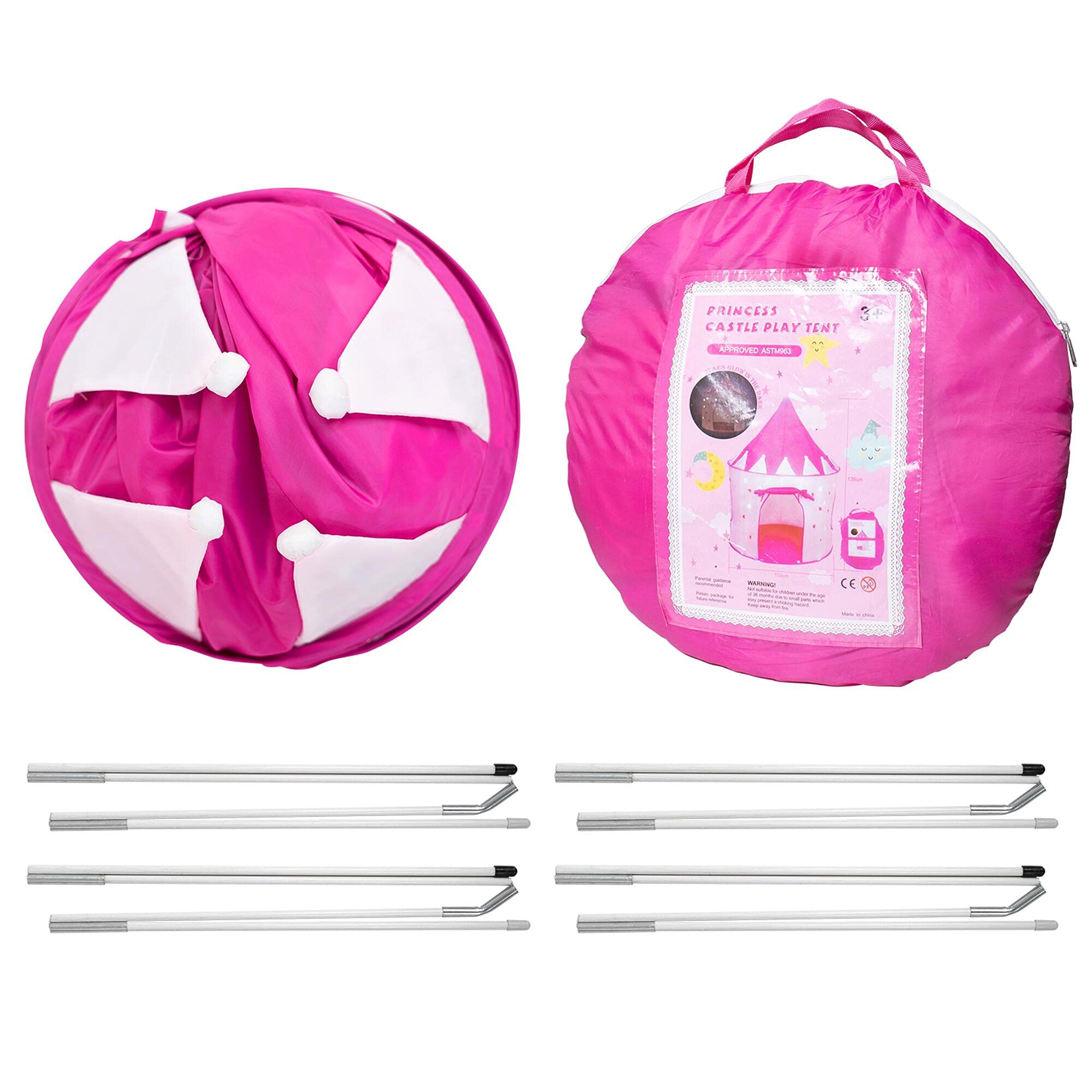 Princess Castle Play Tent with Glow in The Dark Stars, Foldable Pink Pop up Kids Tent Playhouse Toys, for Indoor Outdoor Toddler Children Girls Gifts Tent Girls Toys Age 3/4/5/6/7/8/9 Years Old - Image 7