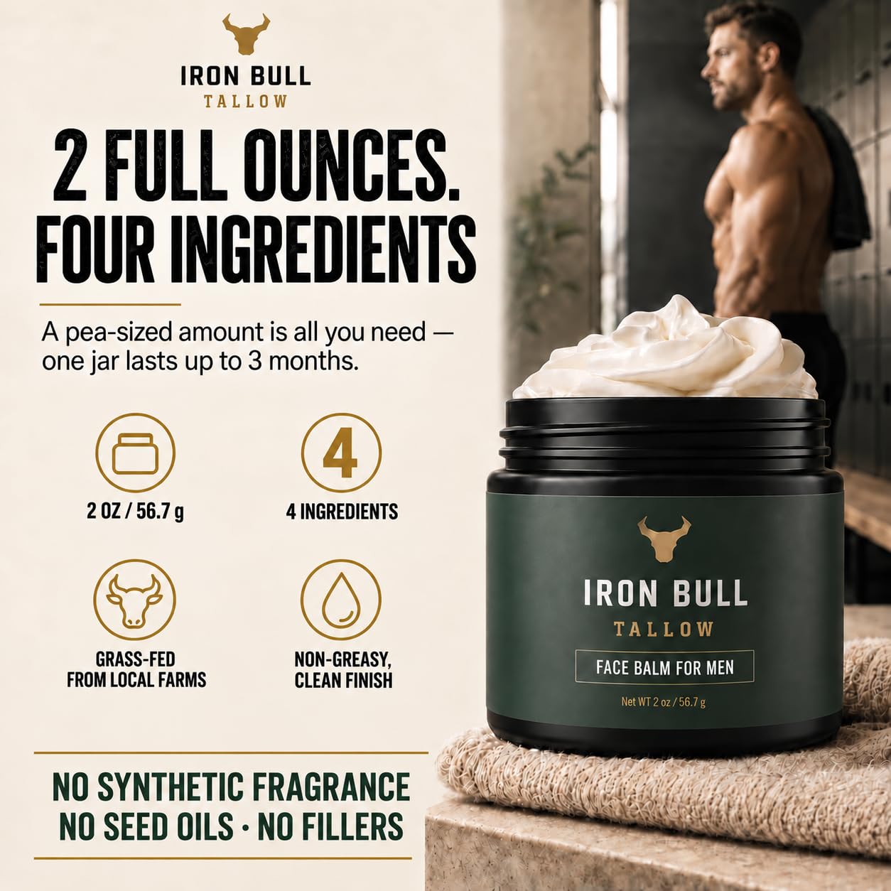 Iron Bull Beef Tallow Face Moisturizer for Men with Hyaluronic Acid, Jojoba Oil, 2 oz