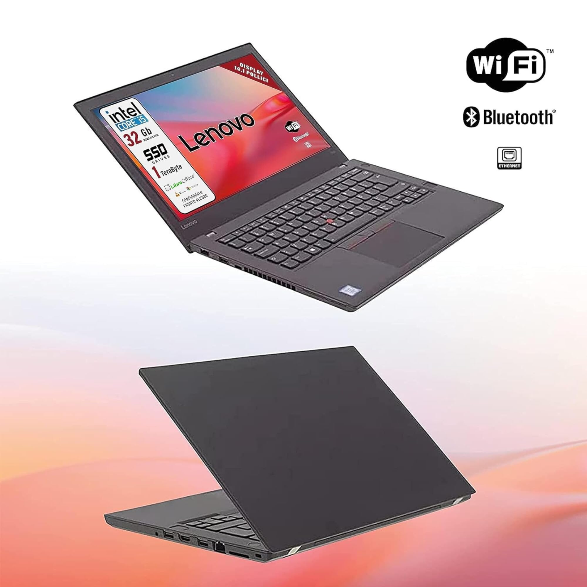 Lenovo, Pc portatile Intel Core i5, Ram 32 Gb, SSD 1 Tb, pronto all'uso con Libre, Notebook Con Display HD da 14", W10, in dotazione pen drive fingerprint (Ricondizionato)