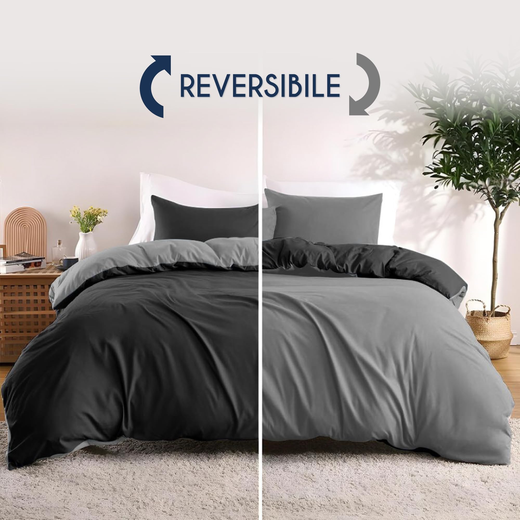 Dreamzie Copripiumino Matrimoniale 200x200 cm con 2 Federe 50x70 cm - Nero/Grigio Scuro Set Copripiumino Matrimoniale 200x200