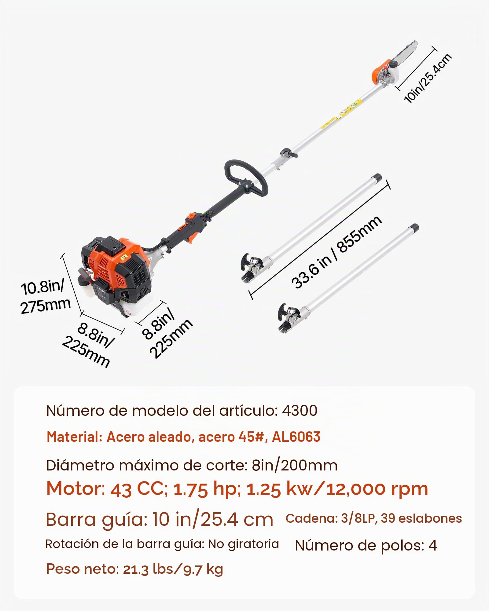 VEVOR Motosierra de Pértiga a Gasolina, Motosierra Inalámbrica de 43 cc y 2 Tiempos con Barra de Corte de 25,4 cm, Cabezal Giratorio, y Extensible de 2,11 a 3,61 m para Podar Árboles, Naranja