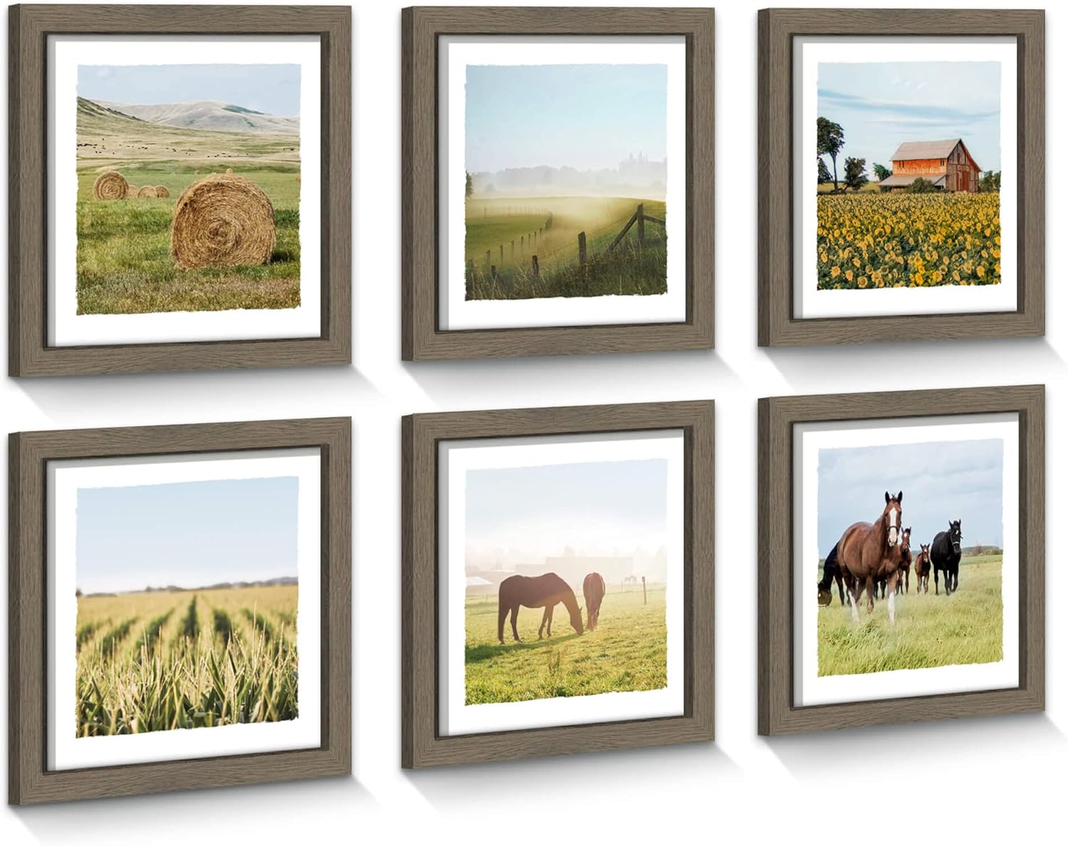 Framed Ranch Photo Wall Art: 6 Pieces Western Countryside Landscape Artwork Modern Grassland Barn Painting Majestic Horse Portrait Picture Delightful Farm Sunflower Prints for Bedroom Kitchen 8”x8”x6 Panels Sunflower