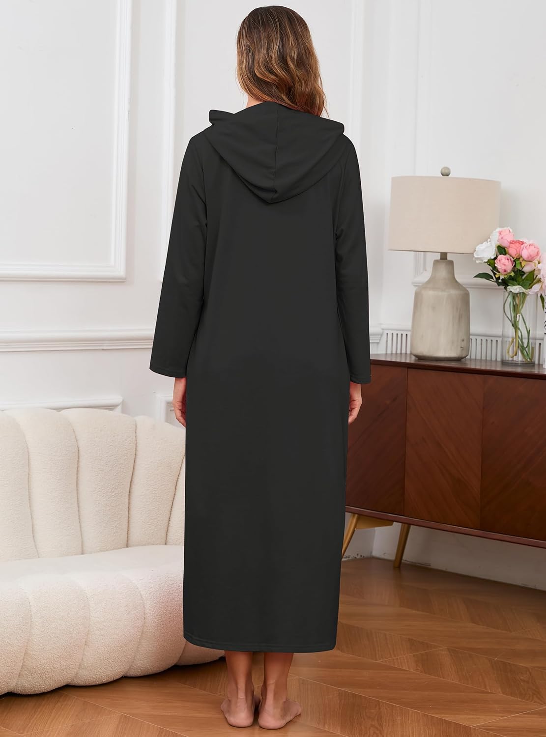 HALCYEEN Womens Hooded Zipper Bathrobe Long Sleeve House Coat Full Length Nightgown with Pockets S-XXL