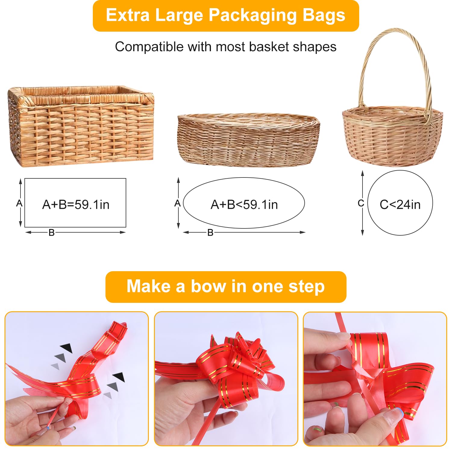 Bolsas de Celofán 90x60cm Grandes Transparente Bolsa Celofan Transparentes Con Cinta de Arcos y Cintas Metálicas para Regalos Embalaje Cestas Flores Manualidades y Ramos de Navidad (60x90cm)