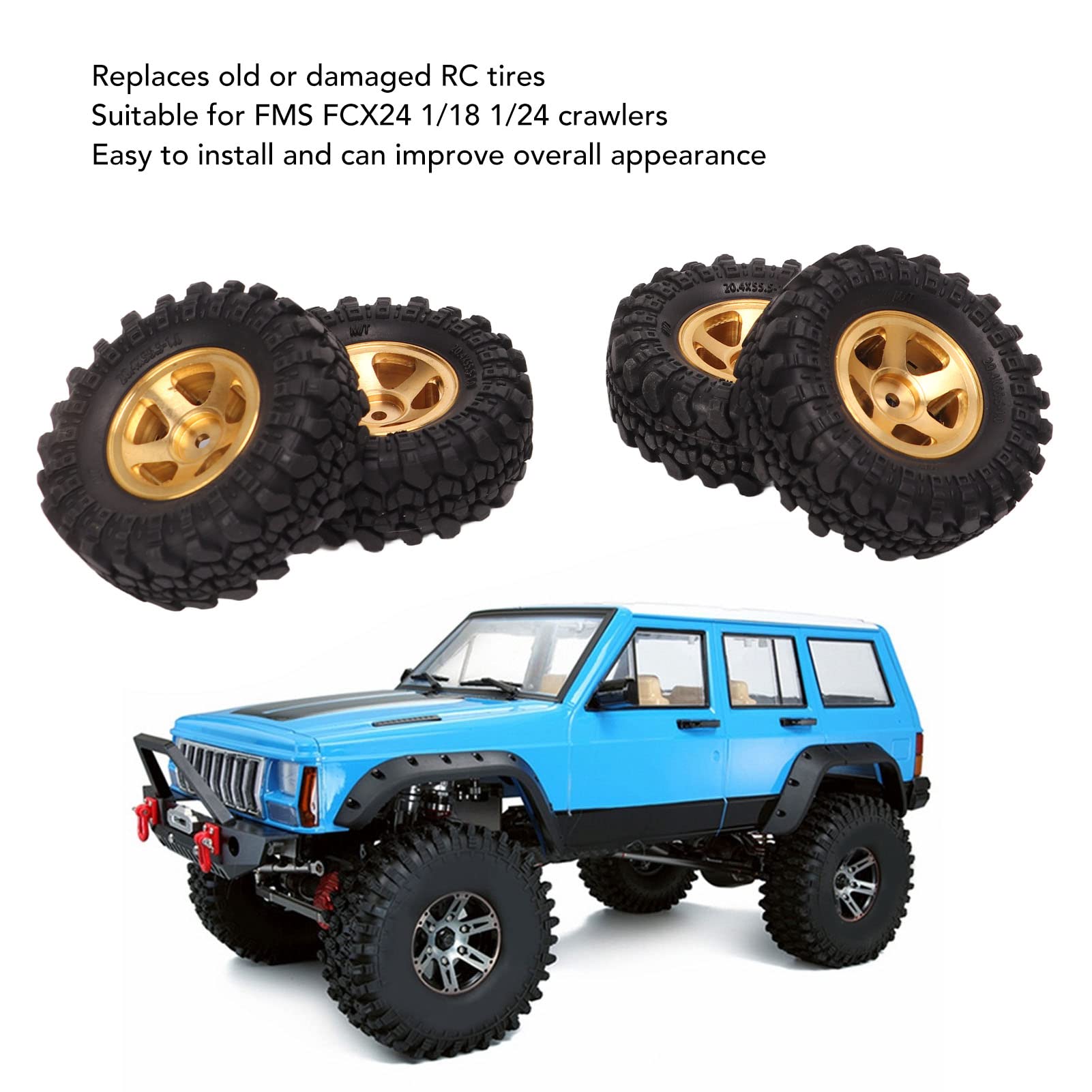 4szt RC Crawler Opony dla FMS FCX24 1/18 1/24 RC Car Wheel, 1 calowe gumowe opony mosiężne felgi Rock Climbing opony, Truck Off Roader opony i felgi On-Road Touring Drift Car (Złoto)